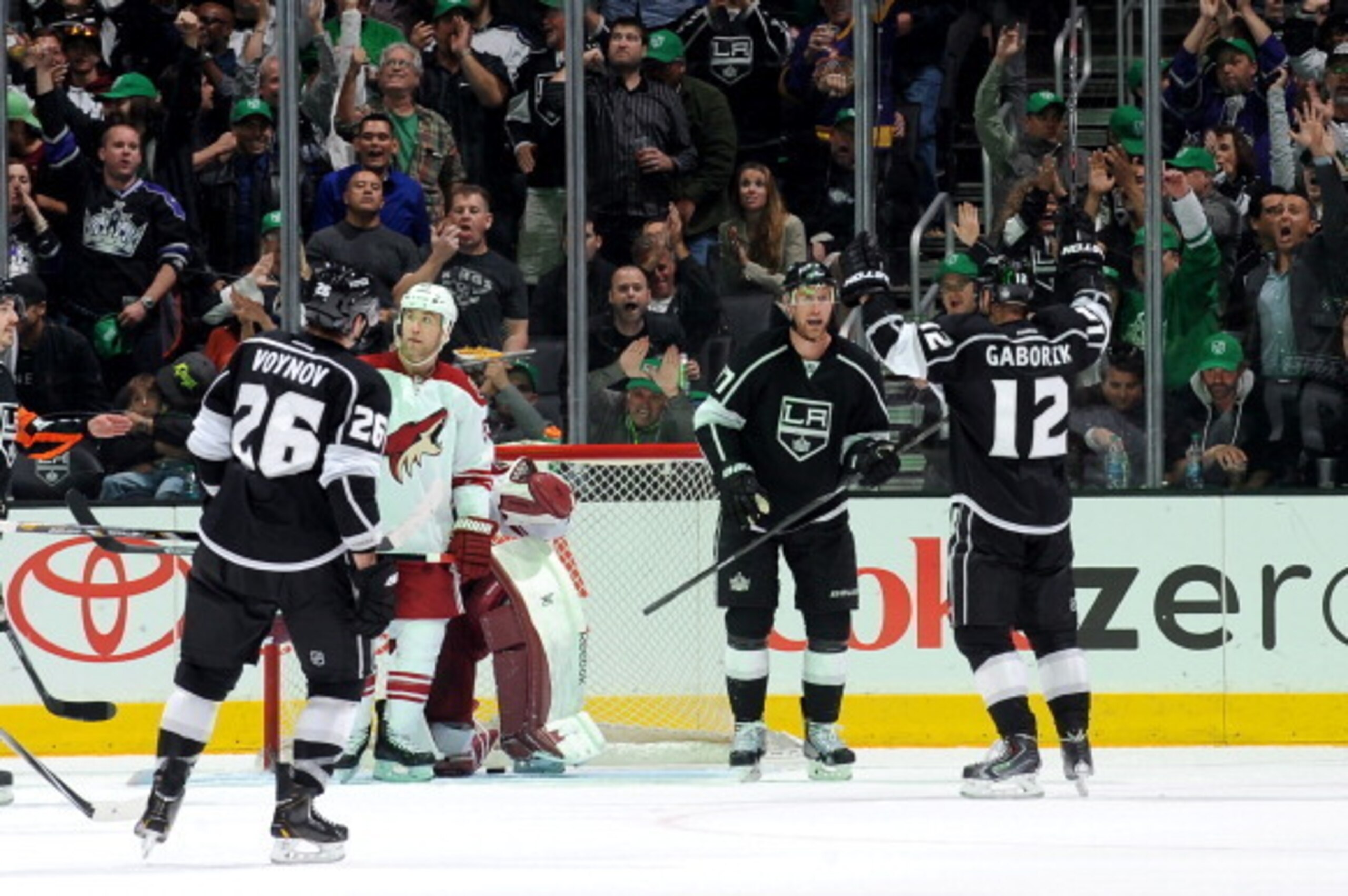 LOS ANGELES, CA - MARCH 17:  Marian Gaborik #12 of the Los Angeles Kings reacts after scoring a goal against the Phoenix Coyotes at Staples Center on March 17, 2014 in Los Angeles, California. (Photo by Noah Graham/NHLI via Getty Images)