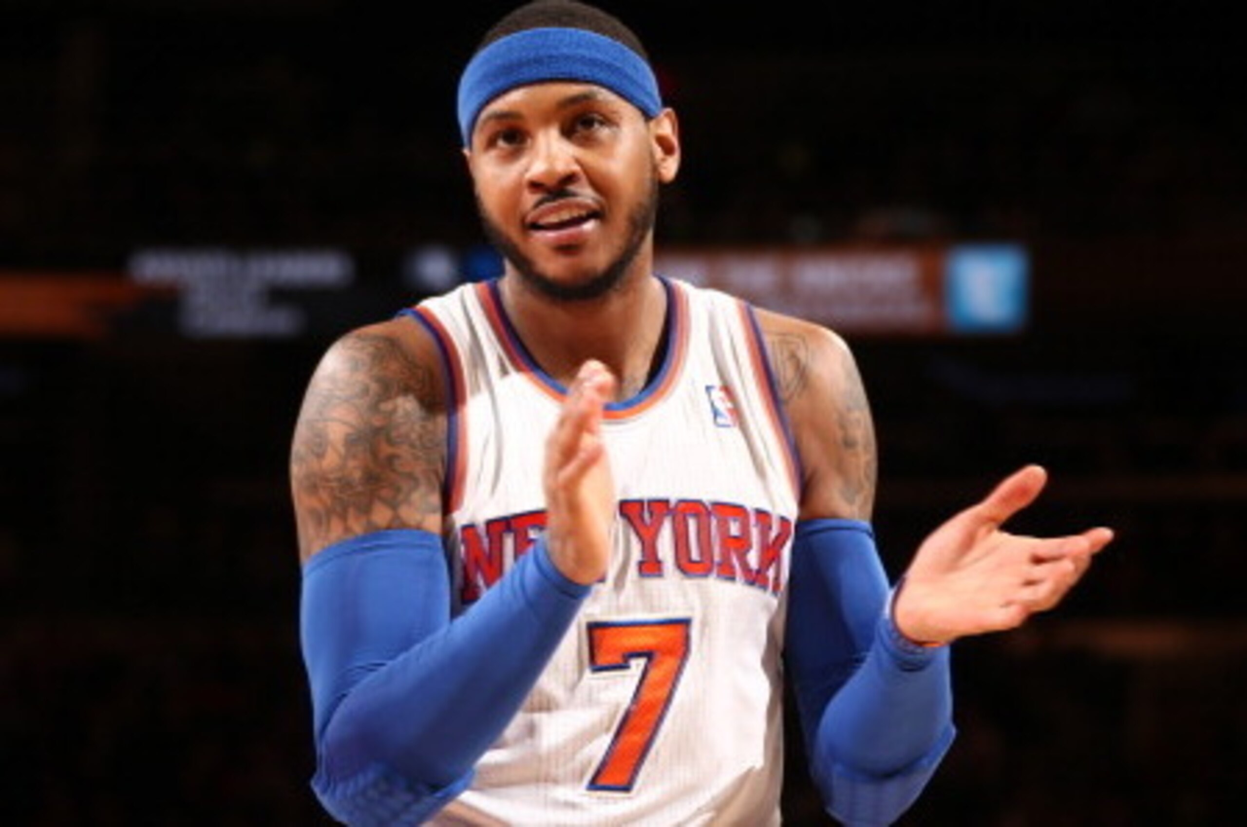 NEW YORK, NY - FEBRUARY 24: Carmelo Anthony #7 of the New York Knicks reacts during a game against the Dallas Mavericks at Madison Square Garden in New York City. NOTE TO USER: User expressly acknowledges and agrees that, by downloading and or using this 