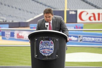 NEW YORK, NY - AUGUST 8:  New York Rangers Assistant GM Jeff Gorton addresses the media during the 2014 NHL Stadium Series media availability at Yankee Stadium on August 8, 2013 in the Bronx borough of New York. (Photo by Rebecca Taylor/NHLI via Getty Ima