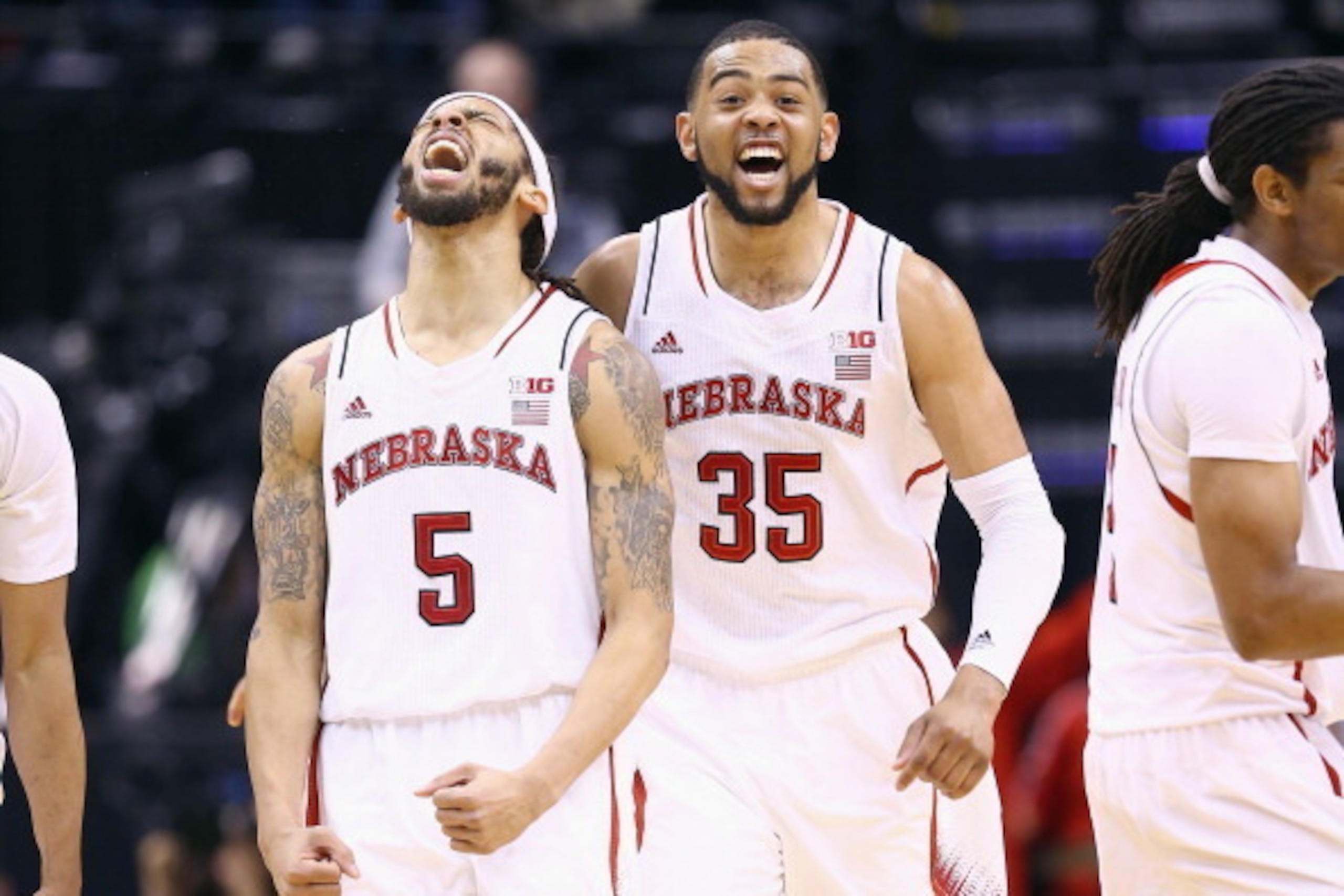 INDIANAPOLIS, IN - MARCH 14:  Terran Petteway #5 of the Nebraska Cornhuskers and Walter Pitchford #35 celebrate in the game against the Ohio State Buckeyes during the Quarterfinals of the Big Ten Basketball Tournament at Bankers Life Fieldhouse on March 1