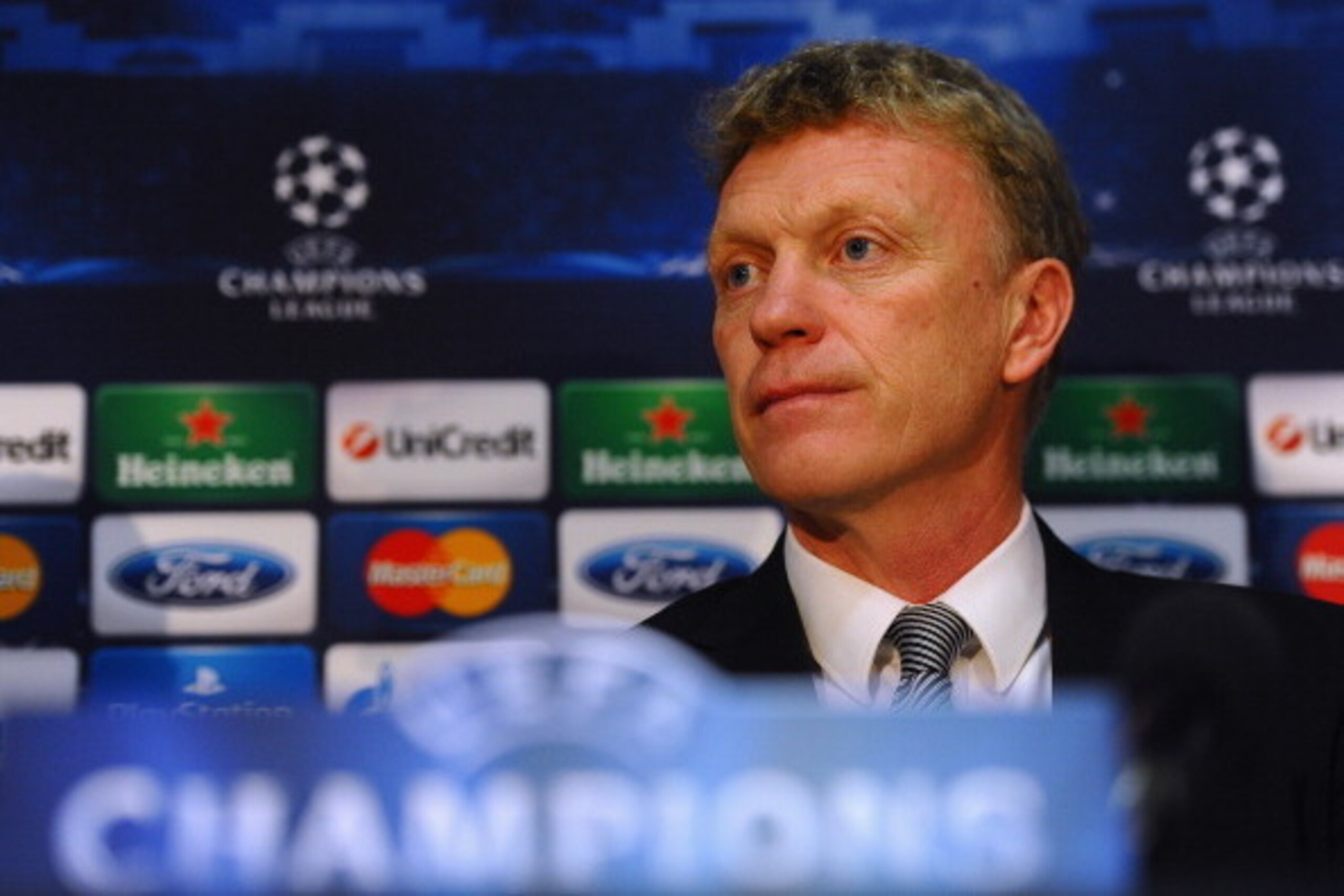MANCHESTER, ENGLAND - MARCH 18: David Moyes of Manchester United speaks to the media during a press conference at Old Trafford on March 18, 2014 in Manchester, England.  (Photo by Laurence Griffiths/Getty Images)