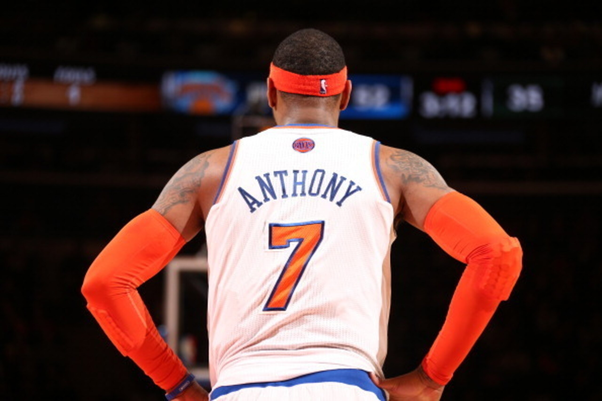 NEW YORK, NY - MARCH 7: Carmelo Anthony #7 of the New York Knicks stands on the court during a game against the Utah Jazz on March 7, 2014.  NOTE TO USER: User expressly acknowledges and agrees that, by downloading and or using this photograph, User is co