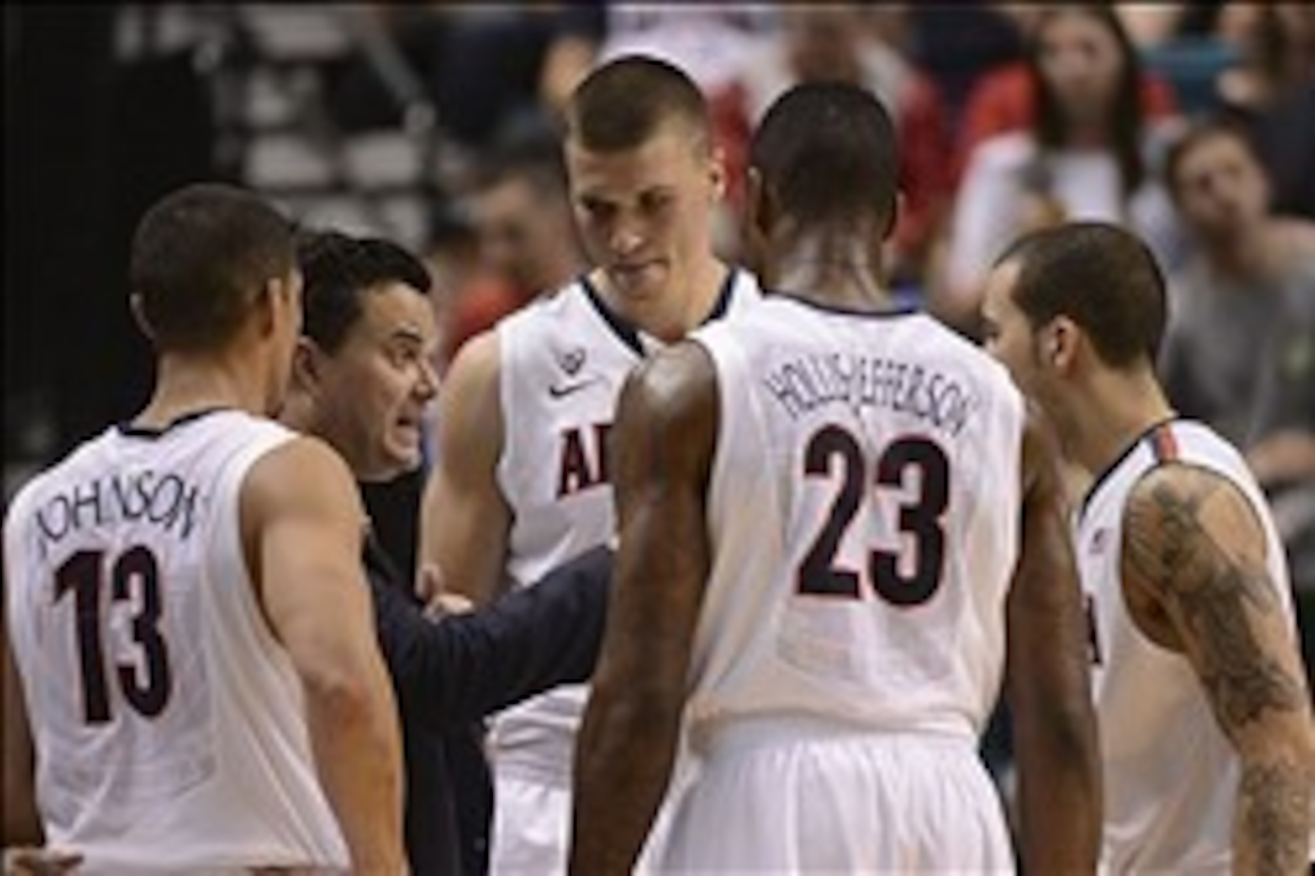 Mar 15, 2014; Las Vegas, NV, USA; Arizona Wildcats head coach Sean Miller instructs in a huddle against the UCLA Bruins during the second half in the championship game of the Pac-12 Conference college basketball tournament at MGM Grand Garden Arena. The B