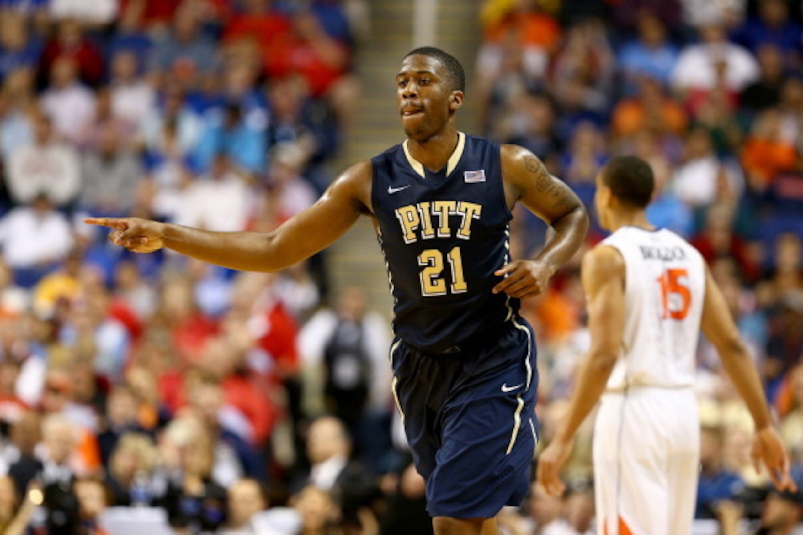 GREENSBORO, NC - MARCH 15:  Lamar Patterson #21 of the Pittsburgh Panthers reacts against the Virginia Cavaliers during the semifinals of the 2014 Men's ACC Basketball Tournament at Greensboro Coliseum on March 15, 2014 in Greensboro, North Carolina.  (Ph
