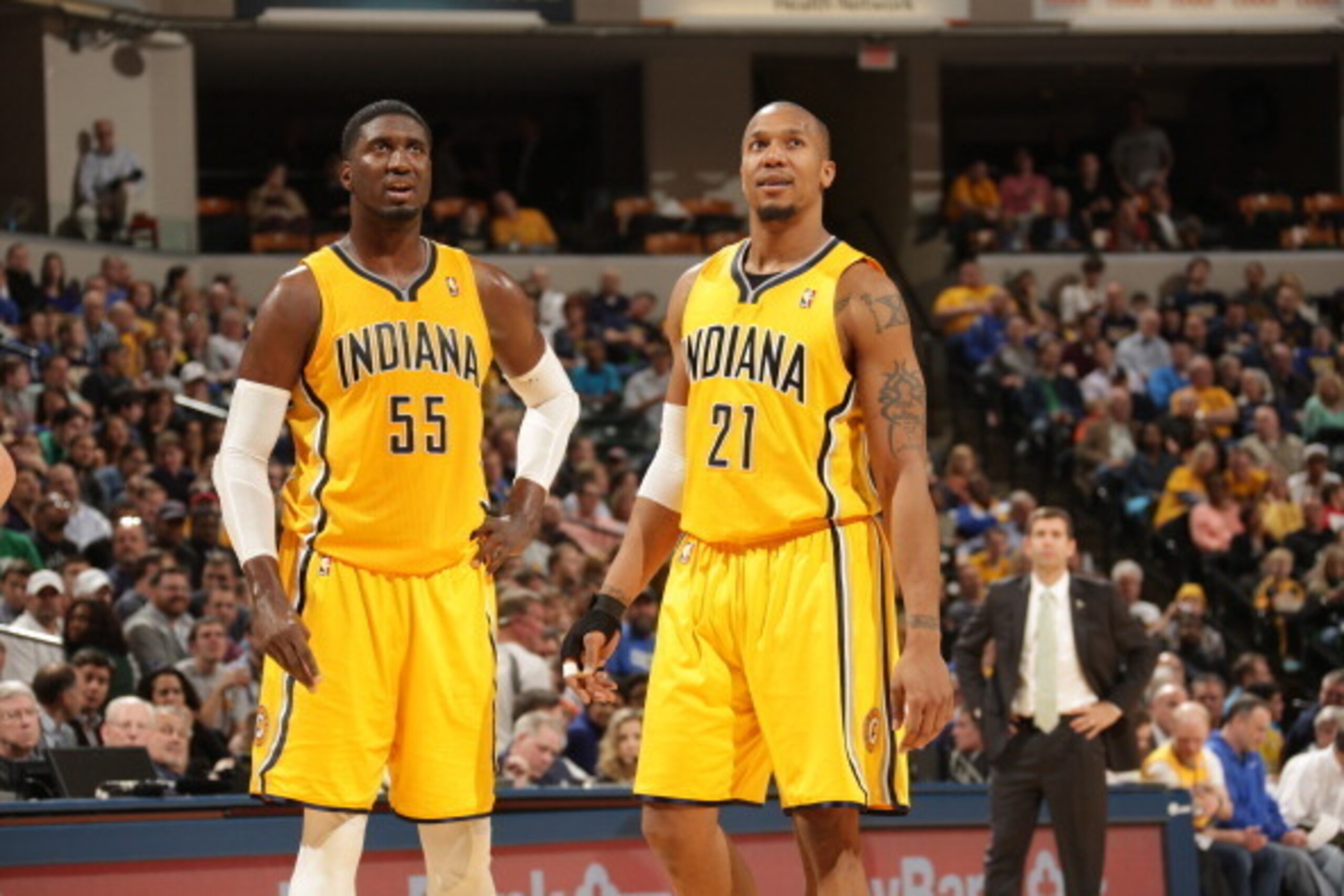 INDIANAPOLIS - MARCH 11: Roy Hibbert #55 and David West #21 of the Indiana Pacers look on during the game against the Boston Celtics at Bankers Life Fieldhouse on March 11, 2014 in Indianapolis, Indiana.  NOTE TO USER: User expressly acknowledges and agre
