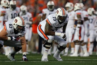 PASADENA, CA - JANUARY 06:  Offensive linesman Greg Robinson #73 of the Auburn Tigers warms up prior to the 2014 Vizio BCS National Championship Game against the Florida State Seminoles at the Rose Bowl on January 6, 2014 in Pasadena, California.  (Photo 