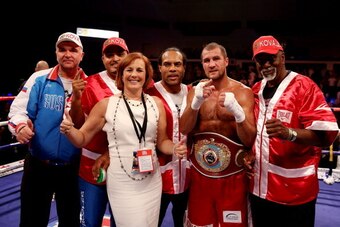 CARDIFF, WALES - AUGUST 17:  Sergey Kovalev celebrates his victory over Nathan Cleverly during the WBO World Light-Heavyweight Championship bout at Motorpoint Arena on August 17, 2013 in Cardiff, Wales.  (Photo by Scott Heavey/Getty Images)