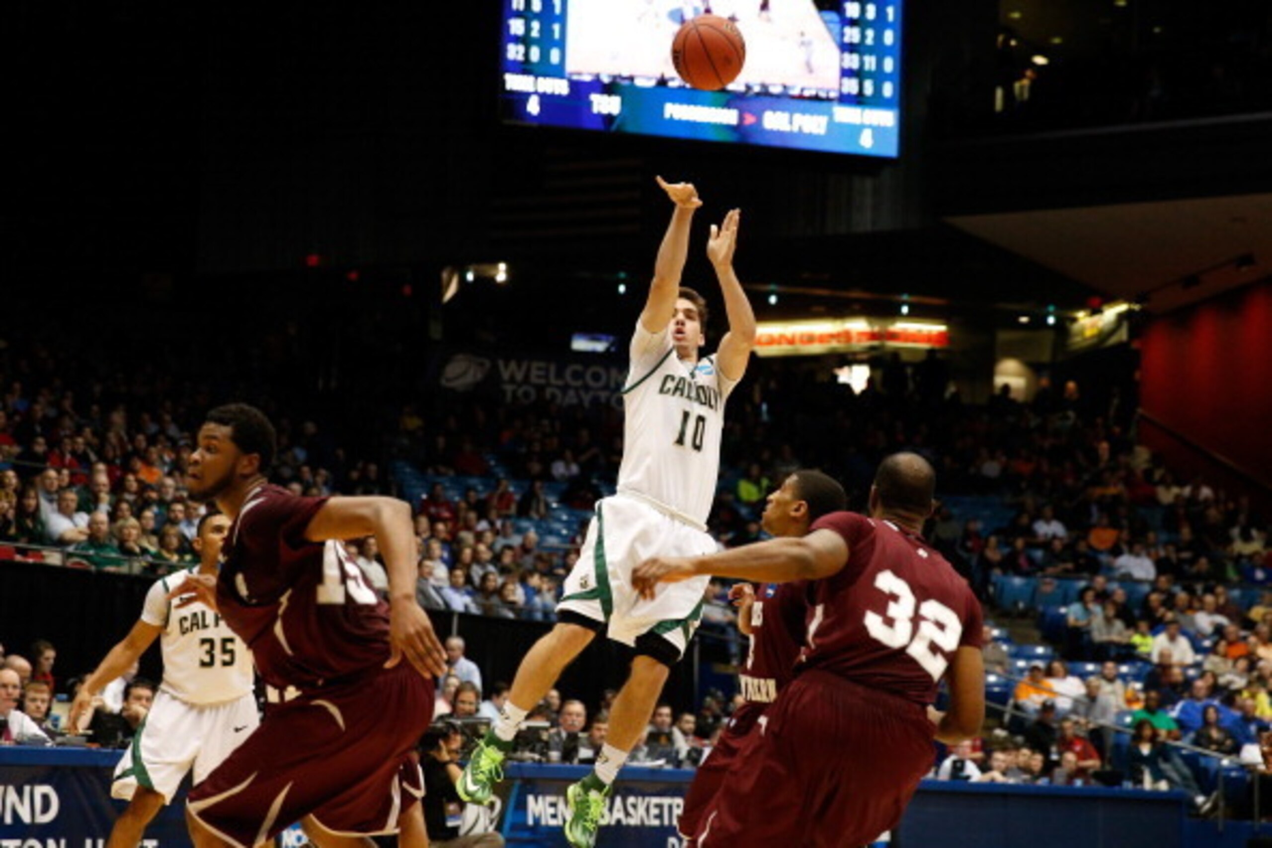 DAYTON, OH - MARCH 19:  Ridge Shipley #10 of the Cal Poly Mustangs takes a shot against the Texas Southern Tigers during the first round of the 2014 NCAA Men's Basketball Tournament at UD Arena on March 19, 2014 in Dayton, Ohio.  (Photo by Gregory Shamus/