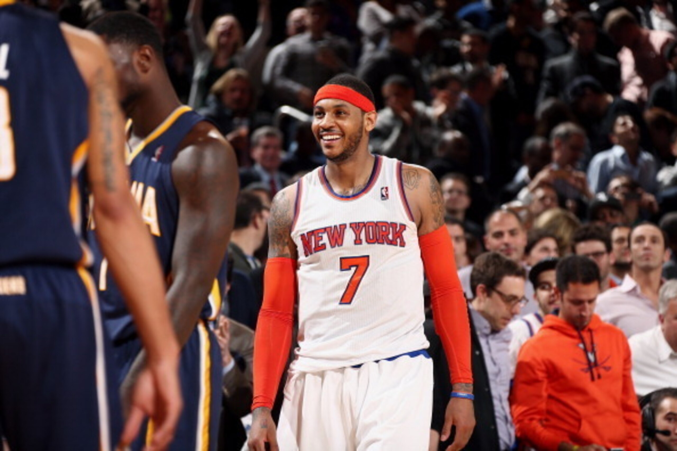 NEW YORK, NY - MARCH 19: Carmelo Anthony #7 of the New York Knicks stands on the court during a game against the Indiana Pacers at Madison Square Garden in New York City on March 19, 2014.  NOTE TO USER: User expressly acknowledges and agrees that, by dow