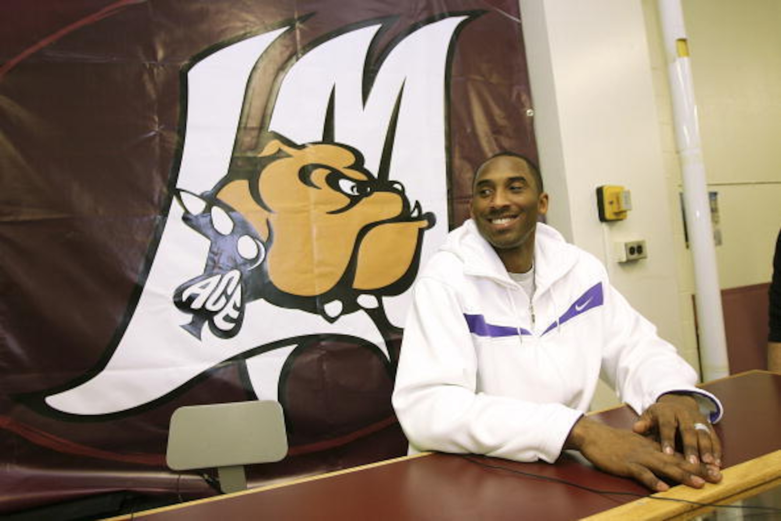 PHILADELPHIA - MARCH 9:  Kobe Bryant of the Los Angeles Lakers smiles while visiting his alma mater, Lower Merion High School March 9, 2007 in Philadelphia, Pennsylvania. NOTE TO USER: User expressly acknowledges and agrees that, by downloading and/or usi