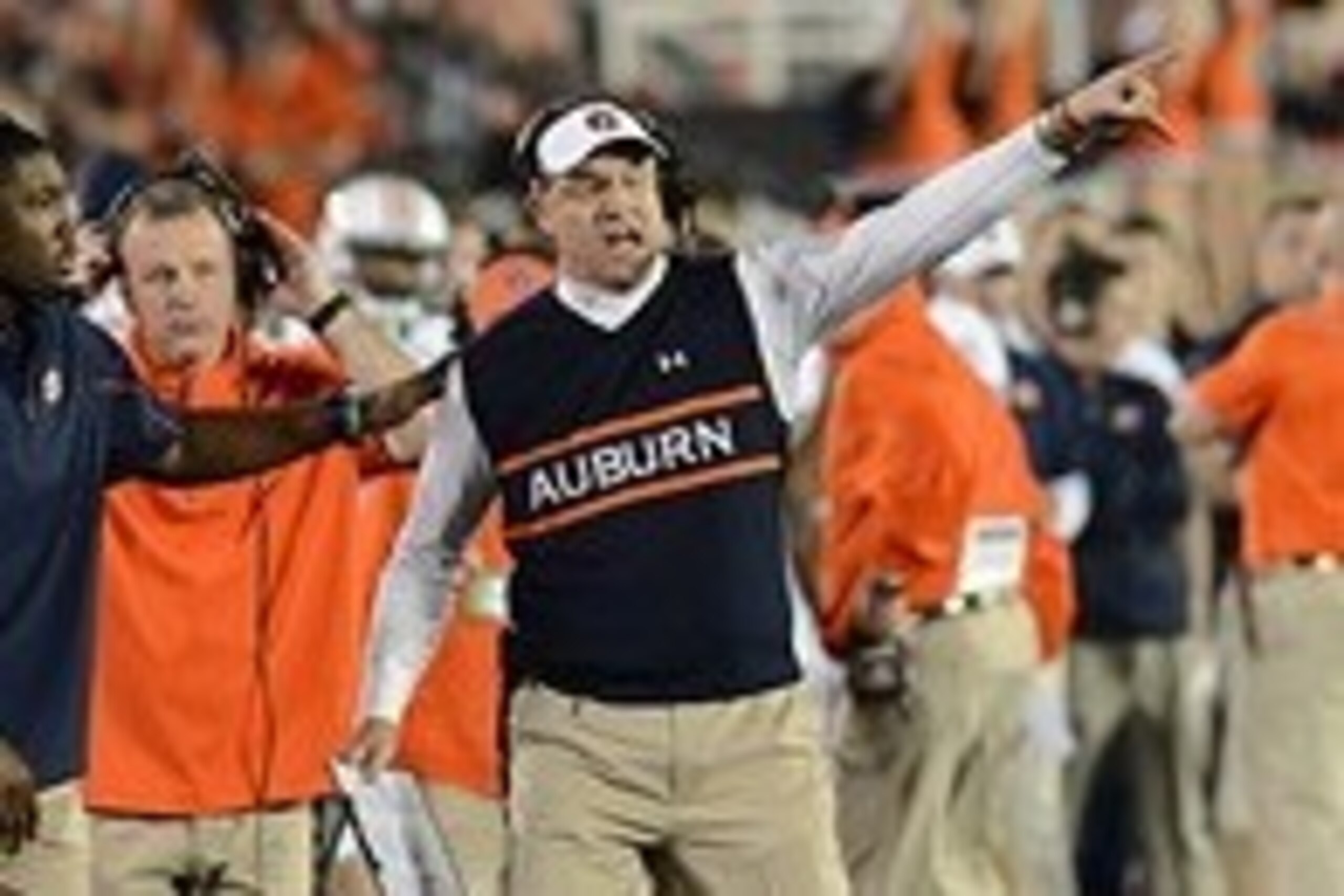 Jan 6, 2014; Pasadena, CA, USA; Auburn Tigers head coach Gus Malzahn during the first half of the 2014 BCS National Championship game against the Florida State Seminoles at the Rose Bowl.  Mandatory Credit: Jayne Kamin-Oncea-USA TODAY Sports