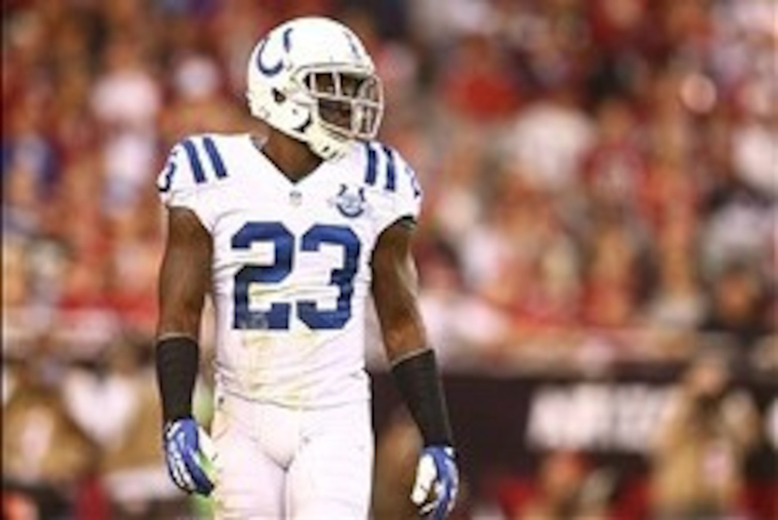 Nov 24, 2013; Phoenix, AZ, USA; Indianapolis Colts cornerback Vontae Davis (23) against the Arizona Cardinals at University of Phoenix Stadium. The Cardinals defeated the Colts 40-11. Mandatory Credit: Mark J. Rebilas-USA TODAY Sports
