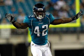 JACKSONVILLE, FL - SEPTEMBER 02:  Gerald Alexander #42 of the Jacksonville Jaguars reacts after breaking up a pass during a preseason game against the Atlanta Falcons at EverBank Field on September 2, 2010 in Jacksonville, Florida.  (Photo by Sam Greenwoo
