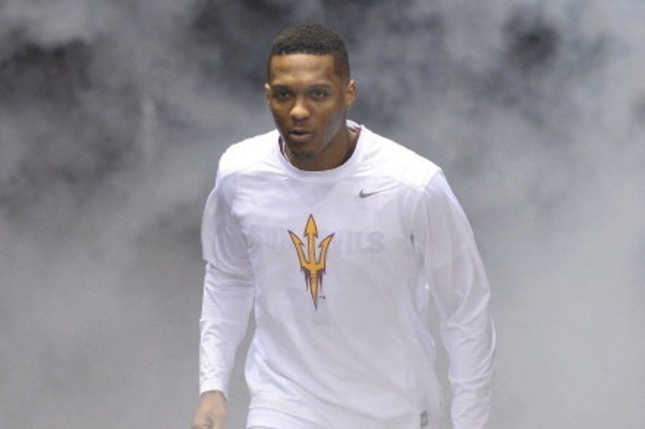 LAS VEGAS, NV - MARCH 13:  Jahii Carson #1 of the Arizona State Sun Devils is introduced during a quarterfinal game of the Pac-12 Basketball Tournament against the Stanford Cardinal at the MGM Grand Garden Arena on March 13, 2014 in Las Vegas, Nevada. Sta