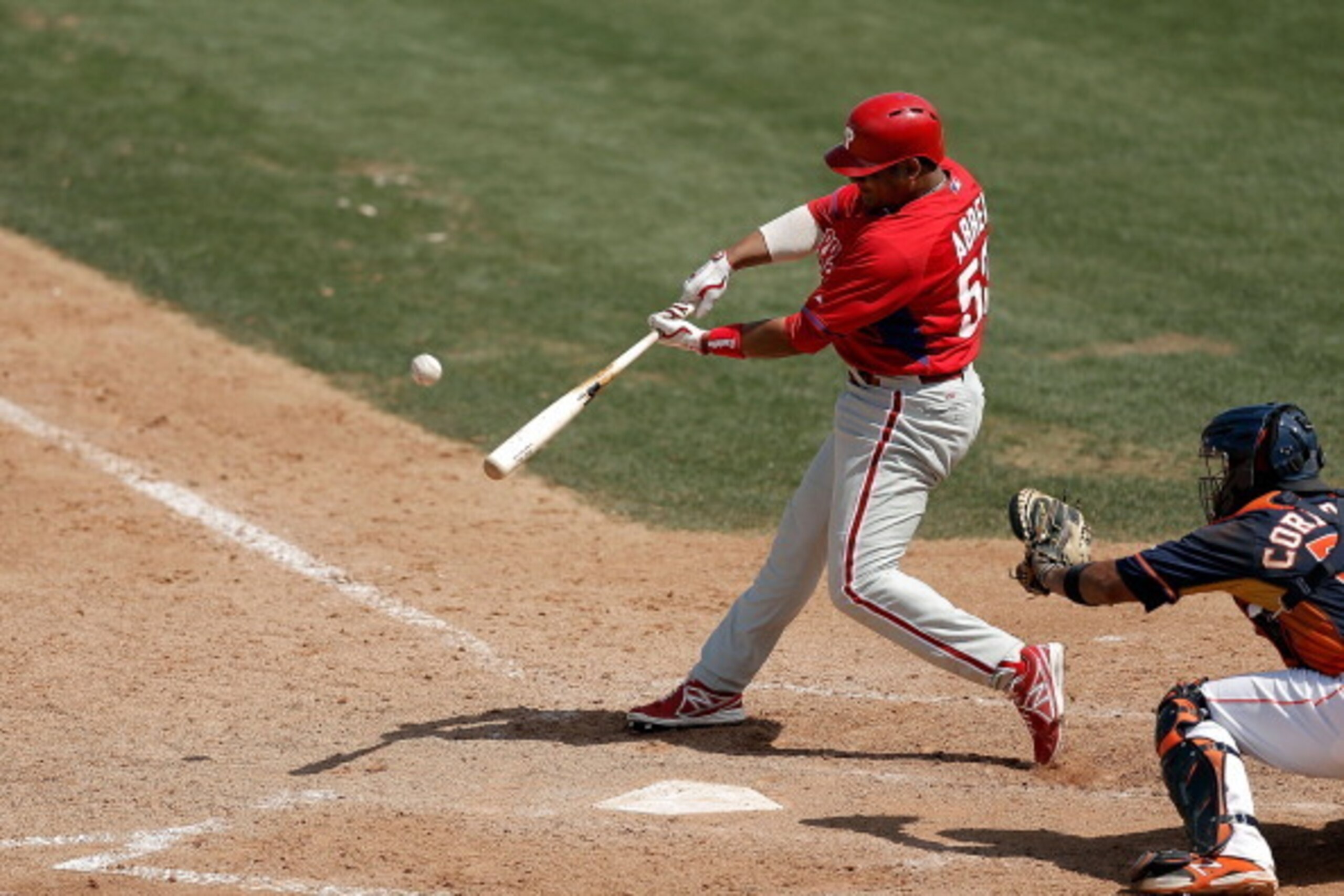 KISSIMMEE, FL - MARCH 20:  Bobby Abreu #53 of the Philadelphia Phillies swings at a pitch in the sixth inning of a game againt the Houston Astros at Osceola County Stadium on March 20, 2014 in Kissimmee, Florida.  Philadelphia won the game 6-3.  (Photo by