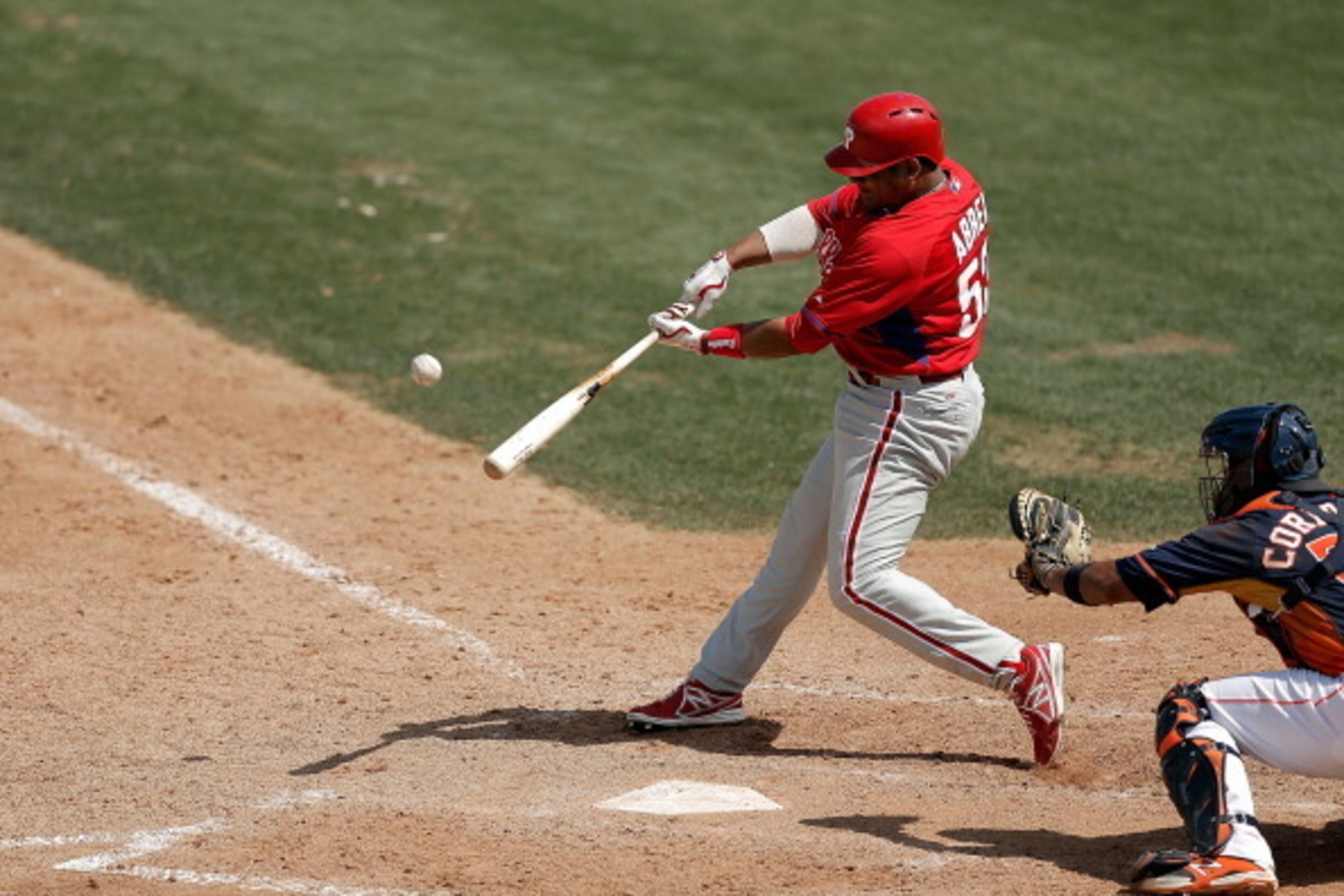KISSIMMEE, FL - MARCH 20:  Bobby Abreu #53 of the Philadelphia Phillies swings at a pitch in the sixth inning of a game againt the Houston Astros at Osceola County Stadium on March 20, 2014 in Kissimmee, Florida.  Philadelphia won the game 6-3.  (Photo by