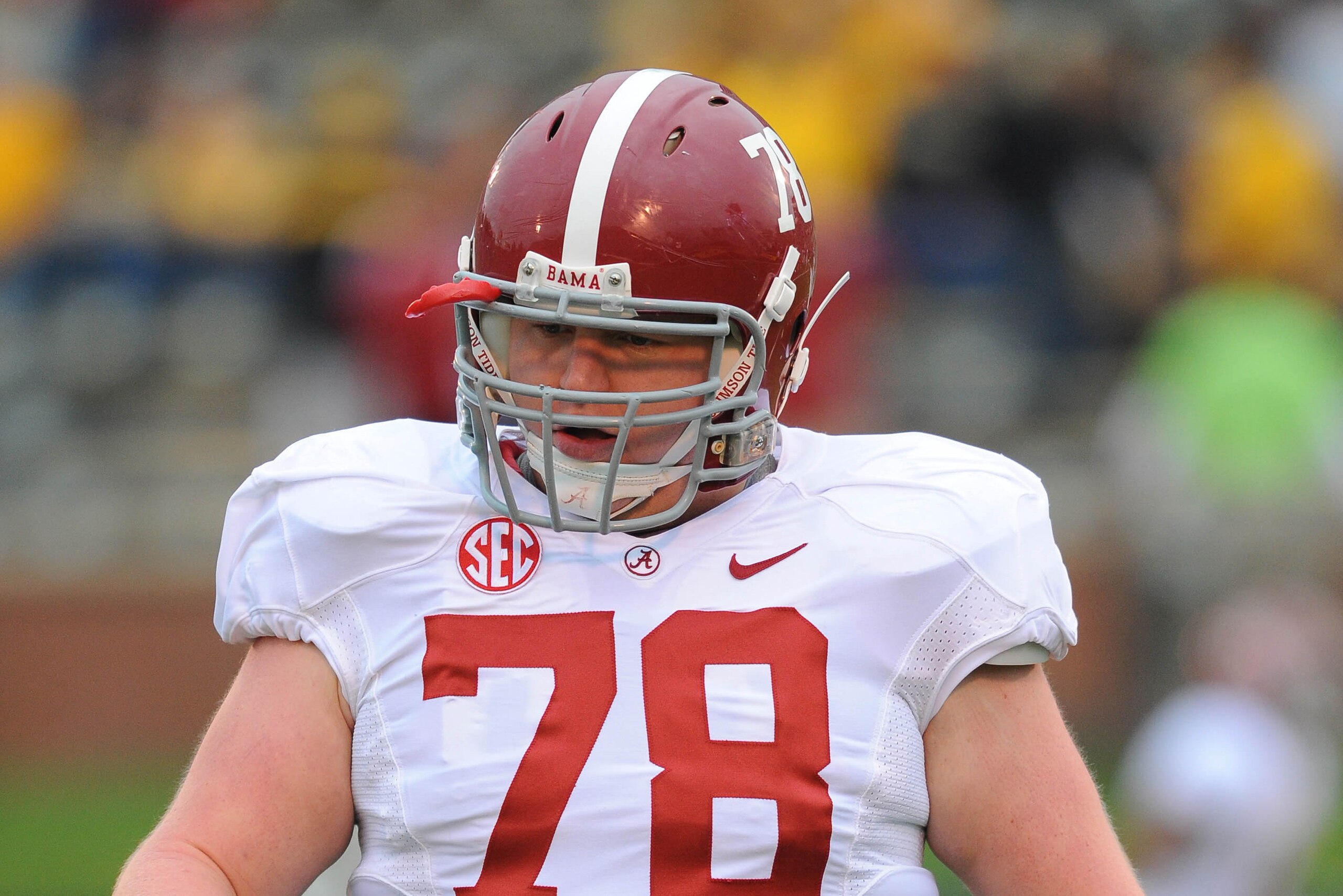 Oct 13, 2012; Columbia, MO, USA; Alabama Crimson Tide offensive linesman Chad Lindsay (78) warms up before the game against the Missouri Tigers at Farout Field. The Crimson Tide won 42-10. Mandatory Credit: Denny Medley-USA TODAY Sports