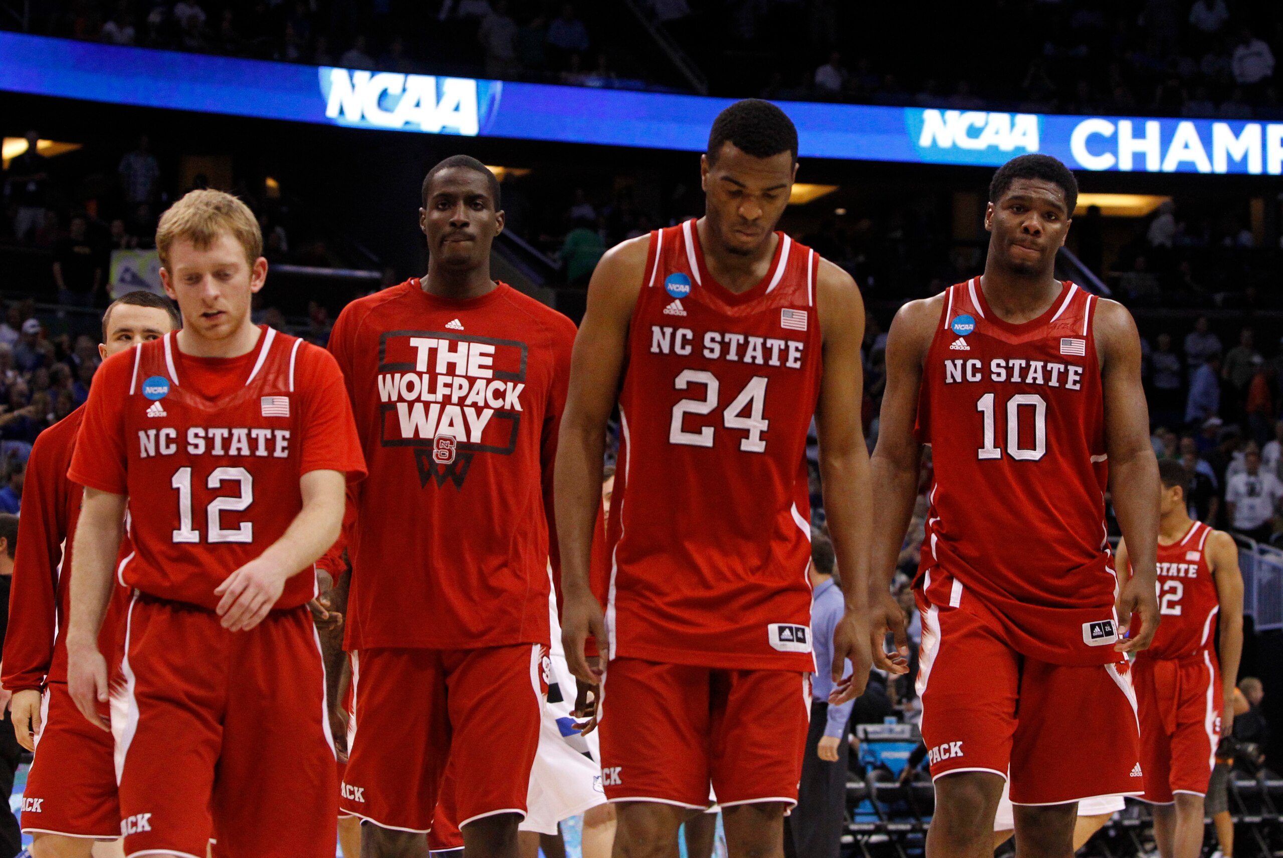 Mar 20, 2014; Orlando, FL, USA; North Carolina State Wolfpack forward T.J. Warren (24) and teammates react after the college basketball game against the Saint Louis Billikens during the second round of the 2014 NCAA Tournament at Amway Center. Saint Louis