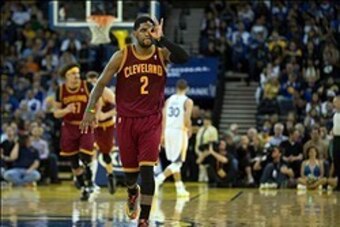 Mar 14, 2014; Oakland, CA, USA; Cleveland Cavaliers guard Kyrie Irving (2) celebrates after a three point basket during the fourth quarter at Oracle Arena. The Cleveland Cavaliers defeated the Golden State Warriors 103-94. Mandatory Credit: Kelley L Cox-U Mar 14, 2014; Oakland, CA, USA; Cleveland Cavaliers guard Kyrie Irving (2) celebrates after a three point basket during the fourth quarter at Oracle Arena. The Cleveland Cavaliers defeated the Golden State Warriors 103-94. Mandatory Credit: Kelley L Cox-U