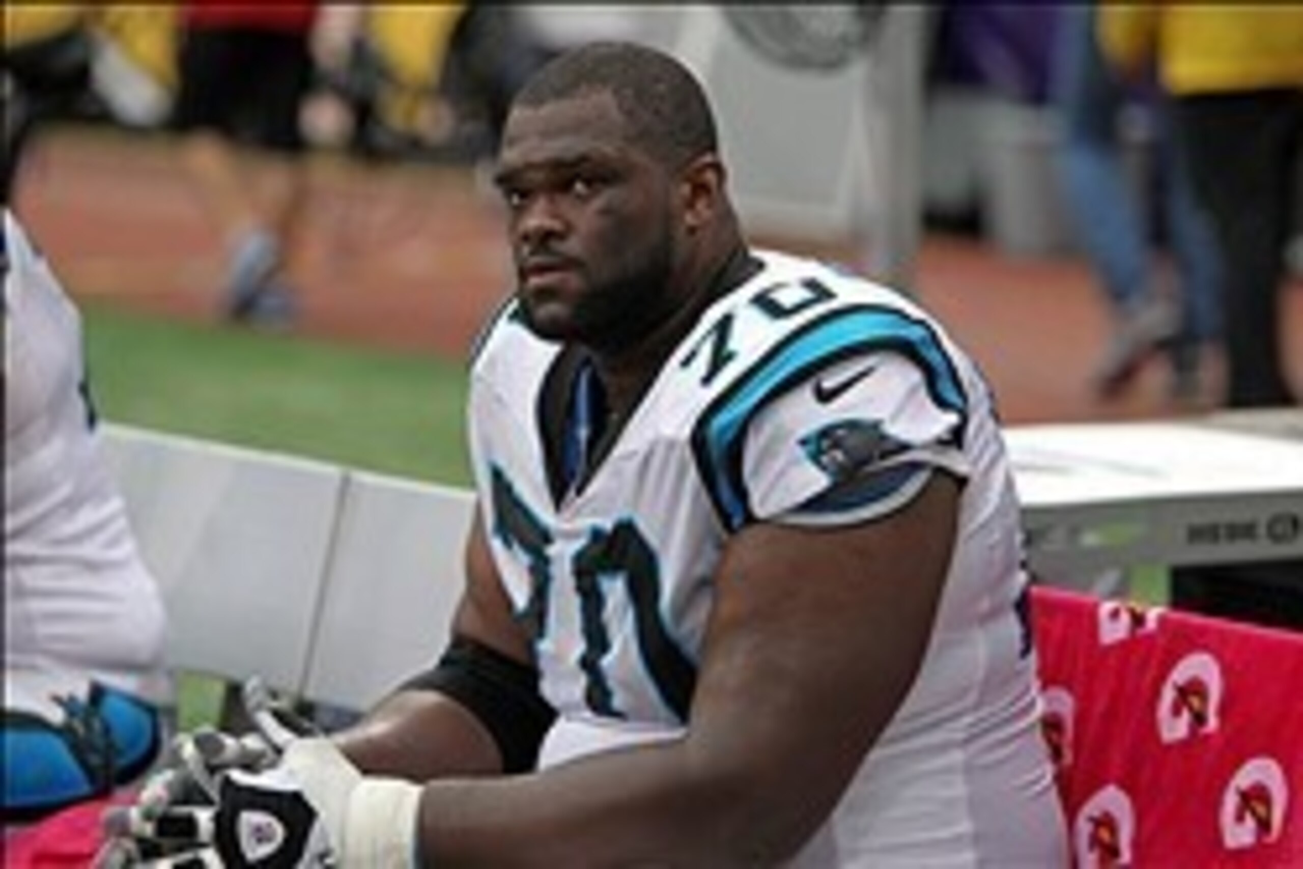 Oct 13, 2013; Minneapolis, MN, USA; Carolina Panthers guard Travelle Wharton (70) against the Minnesota Vikings at Mall of America Field at H.H.H. Metrodome. The Panthers defeated the Vikings 35-10. Mandatory Credit: Brace Hemmelgarn-USA TODAY Sports