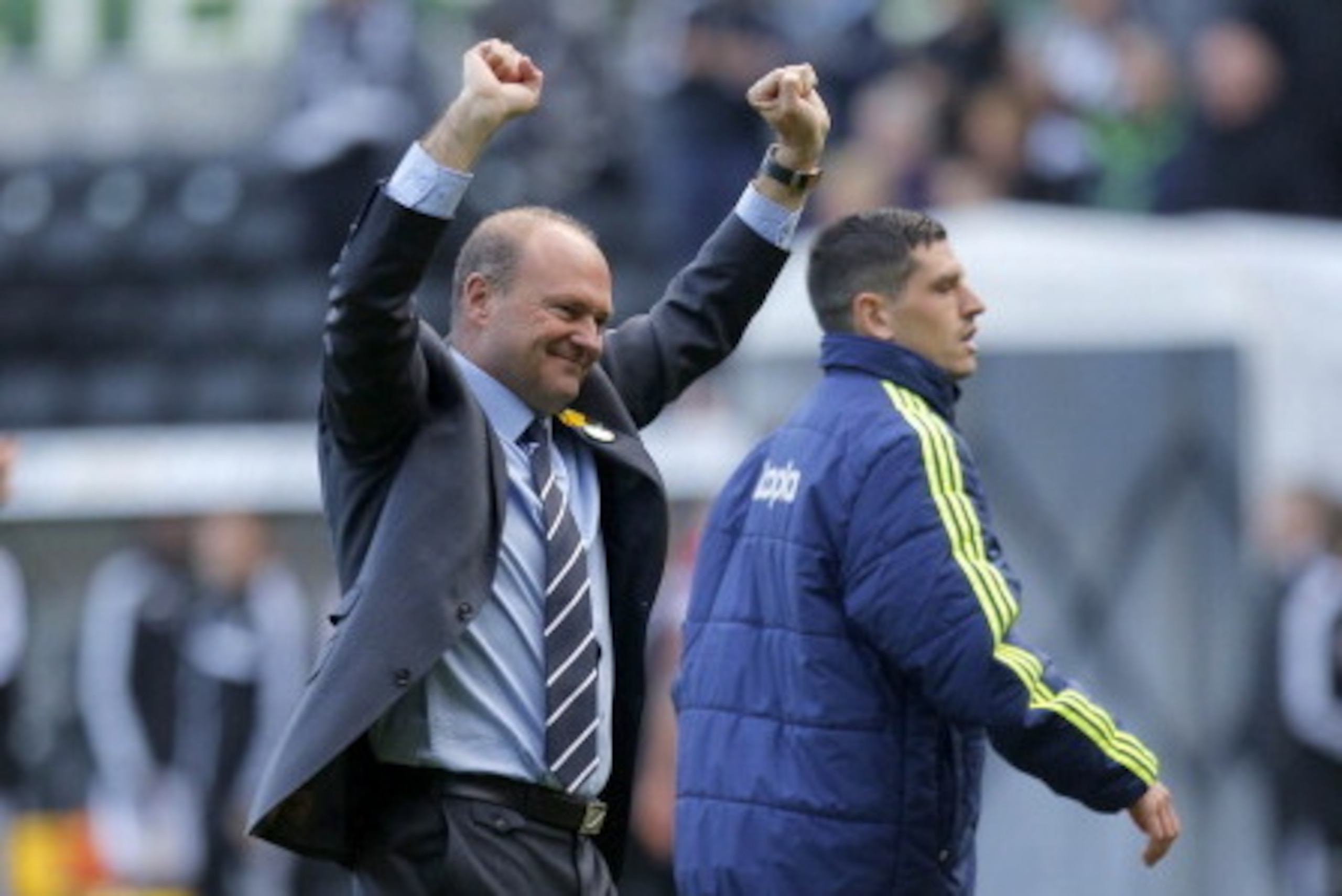 SWANSEA WALES - MARCH 15: West Bromwich Albion manager Pepe Mel celebrates his sides victory during the Barclays Premier League match between Swansea City and West Bromwich Albion at The Liberty Stadium on March 15, 2014 in Swansea, Wales. (Photo by Malco