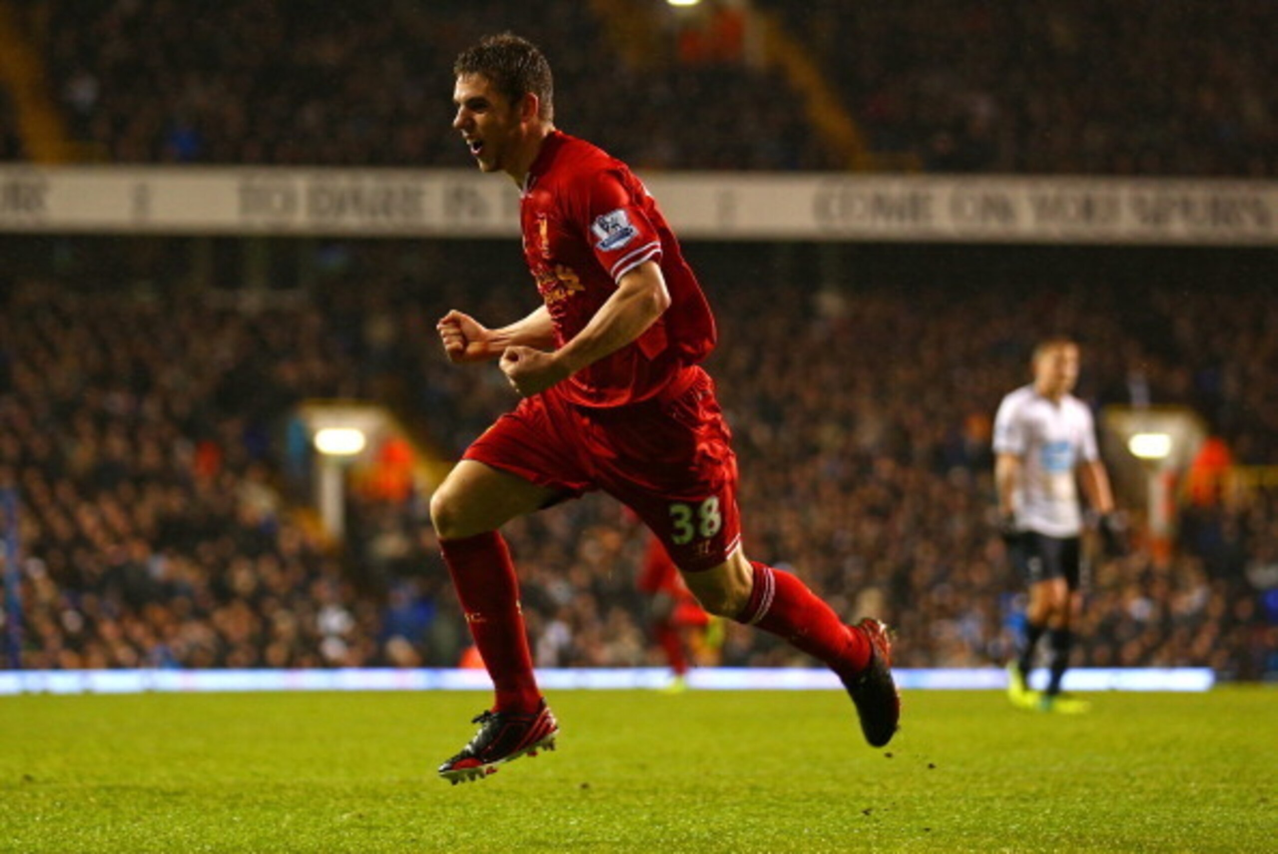 LONDON, ENGLAND - DECEMBER 15:  Jon Flanagan of Liverpool celebrates scoring their third goal during the Barclays Premier League match between Tottenham Hotspur and Liverpool at White Hart Lane on December 15, 2013 in London, England.  (Photo by Paul Gilh