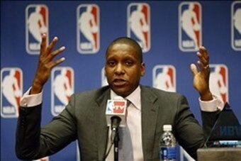 May 9, 2013; Denver, CO, USA; Denver Nuggets general manager Masai Ujiri during the press conference naming him NBA executive of the year at the Pepsi Center. Mandatory Credit: Chris Humphreys-USA TODAY Sports
