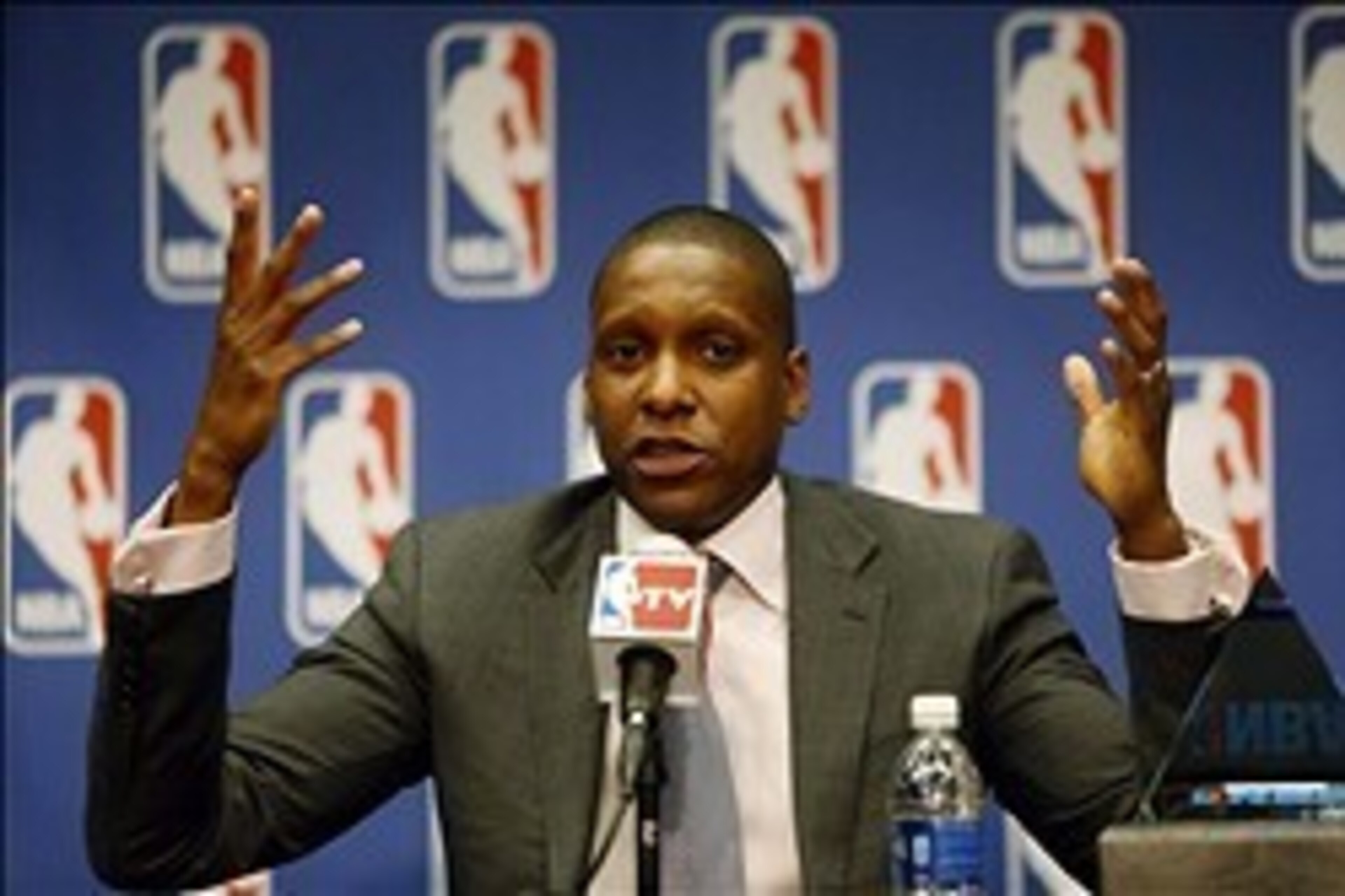 May 9, 2013; Denver, CO, USA; Denver Nuggets general manager Masai Ujiri during the press conference naming him NBA executive of the year at the Pepsi Center. Mandatory Credit: Chris Humphreys-USA TODAY Sports May 9, 2013; Denver, CO, USA; Denver Nuggets general manager Masai Ujiri during the press conference naming him NBA executive of the year at the Pepsi Center. Mandatory Credit: Chris Humphreys-USA TODAY Sports