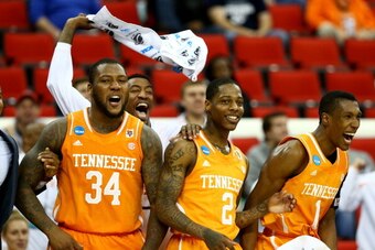 RALEIGH, NC - MARCH 21: Jeronne Maymon #34, Antonio Barton #2 and Josh Richardson #1 of the Tennessee Volunteers celebrate on the bench in the second half while taking on the Massachusetts Minutemen in the second round of the 2014 NCAA Men's Basketball T RALEIGH, NC - MARCH 21: Jeronne Maymon #34, Antonio Barton #2 and Josh Richardson #1 of the Tennessee Volunteers celebrate on the bench in the second half while taking on the Massachusetts Minutemen in the second round of the 2014 NCAA Men's Basketball T