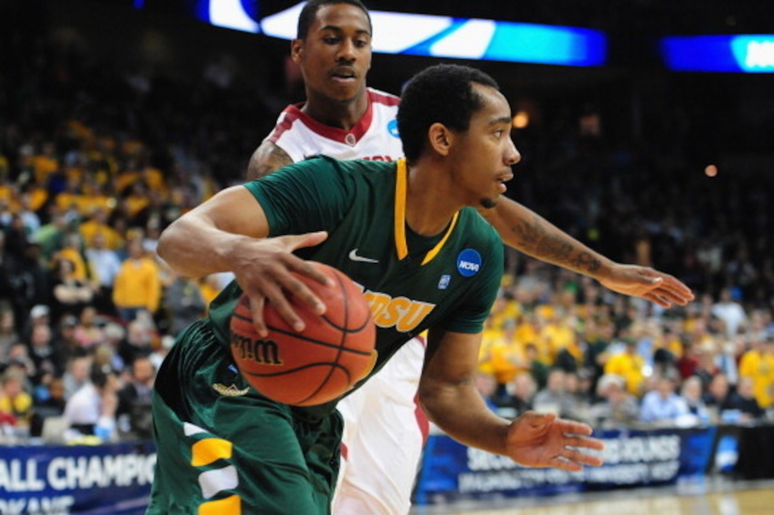 SPOKANE, WA - MARCH 20:  Lawrence Alexander #12 of the North Dakota State Bison plays against the Oklahoma Sooners during the second round of the 2014 NCAA Men's Basketball Tournament at Spokane Veterans Memorial Arena on March 20, 2014 in Spokane, Washin