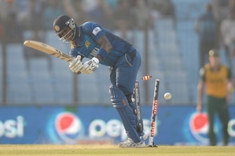 CHITTAGONG, BANGLADESH - MARCH 22:  Angelo Mathews of Sri Lanka is bowled by Dale Steyn of South Africa during the ICC World Twenty20 Bangladesh 2014 Group 1 match between Sri Lanka and South Africa at Zahur Ahmed Chowdhury Stadium on March 22, 2014 in Ch