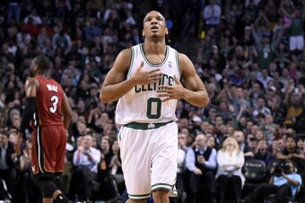 BOSTON, MA - MARCH 19: Avery Bradley #0 of the Boston Celtics celebrates after a play against the Miami Heat on March 19, 2014 at the TD Garden in Boston, Massachusetts.  NOTE TO USER: User expressly acknowledges and agrees that, by downloading and or usi