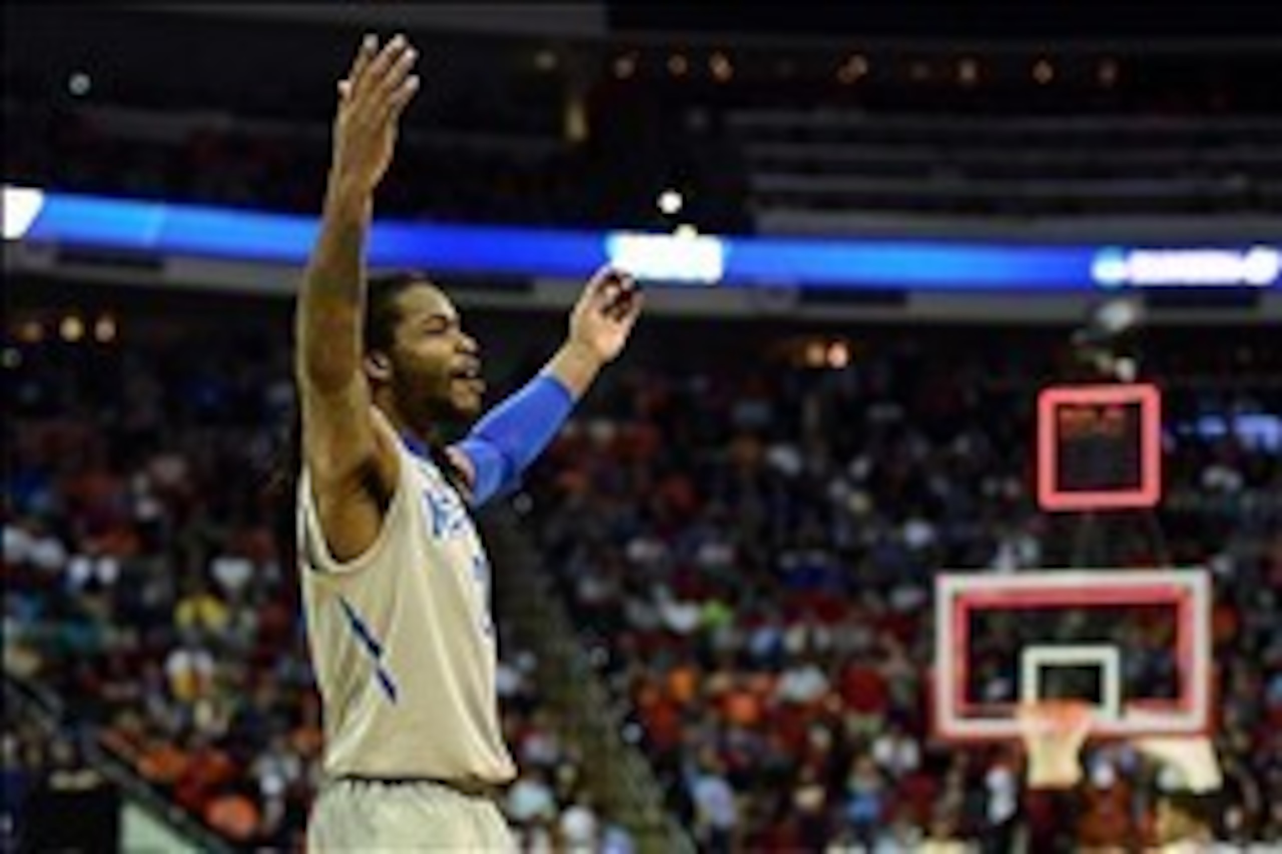 Mar 21, 2014; Raleigh, NC, USA; Memphis Tigers forward Shaq Goodwin (2) reacts after the game against the George Washington Colonials in a men's college basketball game during the second round of the 2014 NCAA Tournament at PNC Arena. Mandatory Credit: Bo