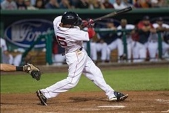 Mar 20, 2014; Fort Myers, FL, USA; Boston Red Sox second baseman Dustin Pedroia (15) hits the ball during the sixth inning against the New York Yankees at JetBlue Park. Mandatory Credit: Jerome Miron-USA TODAY Sports