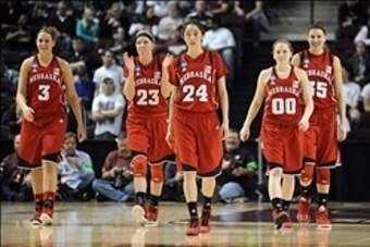Mar 25, 2013; College Station, TX, USA; Nebraska Cornhuskers forwards Hailie Sample (3) and Emily Cady (23) and Jordan Hooper (35) and guards Rachel Theriot (24) and Linddsey Moore (00) take the court against the Texas A&M Aggies in the first half during