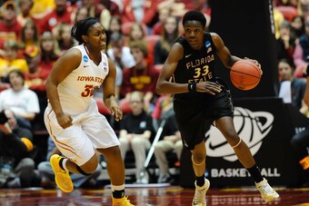 Mar 22, 2014; Ames, IA, USA; Florida State Seminoles forward Natasha Howard (33) drives up the court against the Iowa State Cyclones in the second half of a women's college basketball game in the first round of the NCAA Tournament at James H. Hilton Colis