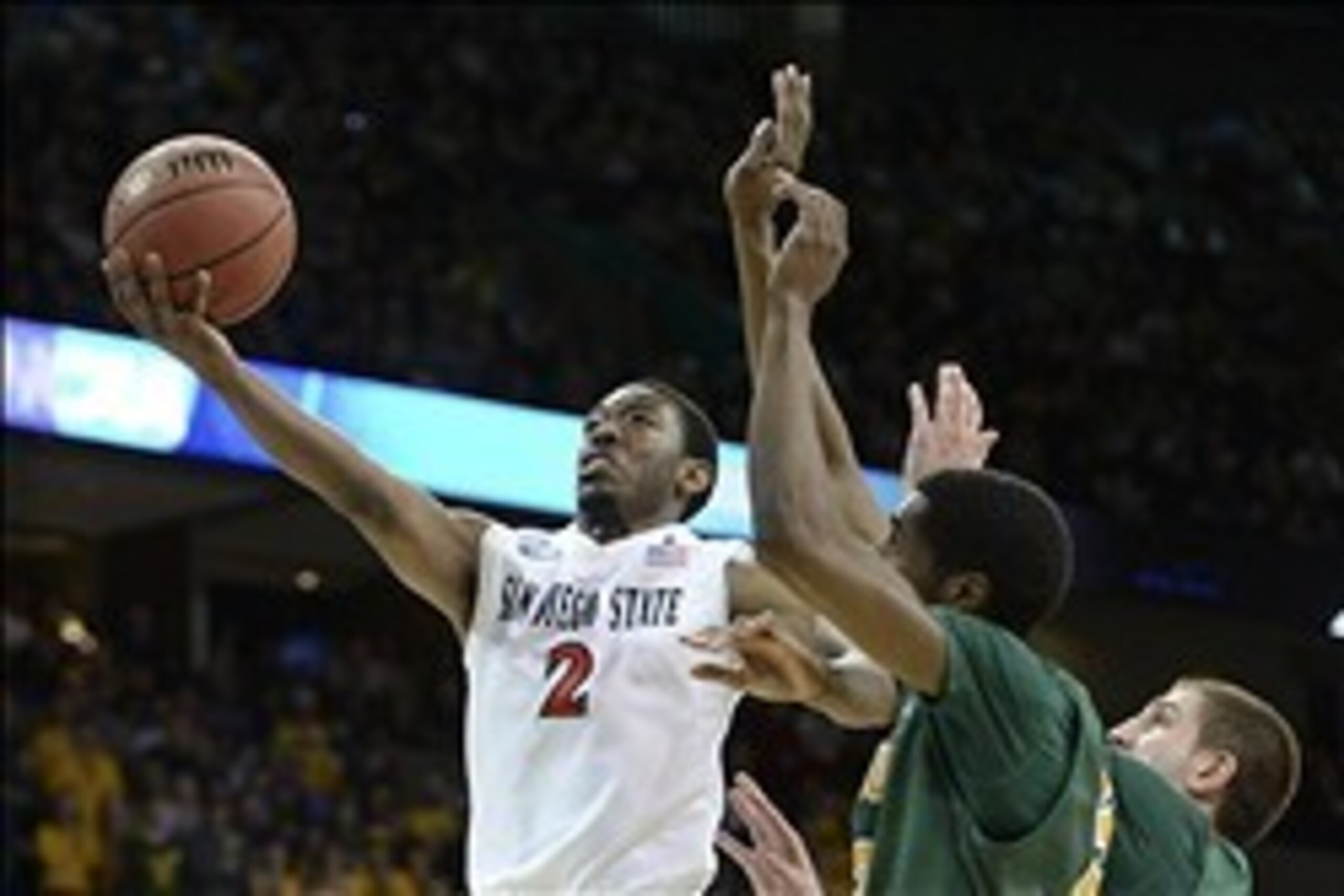 Mar 22, 2014; Spokane, WA, USA; San Diego State Aztecs guard Xavier Thames (2) shoots against the North Dakota State Bison in the second half of a men's college basketball game during the third round of the 2014 NCAA Tournament at Veterans Memorial Arena.