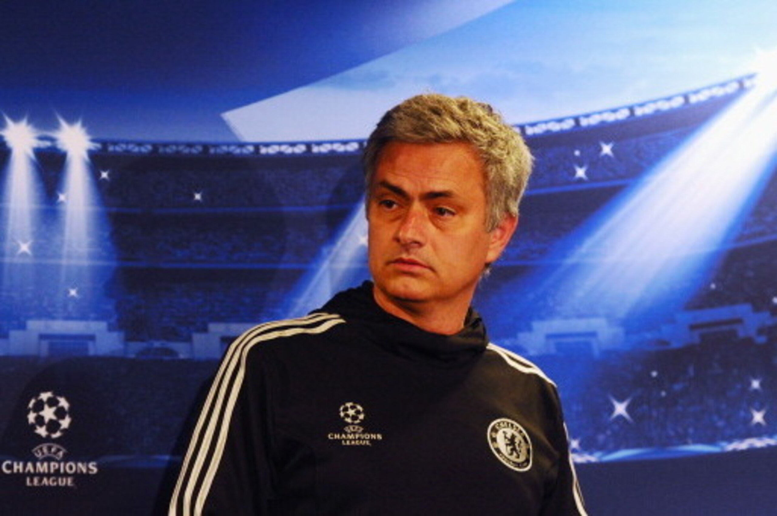 LONDON, ENGLAND - MARCH 17:  Chelsea coach Jose Mourinho keeps a straight face during a Chelsea press conference ahead of their match against Galatasaray at Stamford Bridge on March 17, 2014 in London, England.  (Photo by Mike Hewitt/Getty Images)