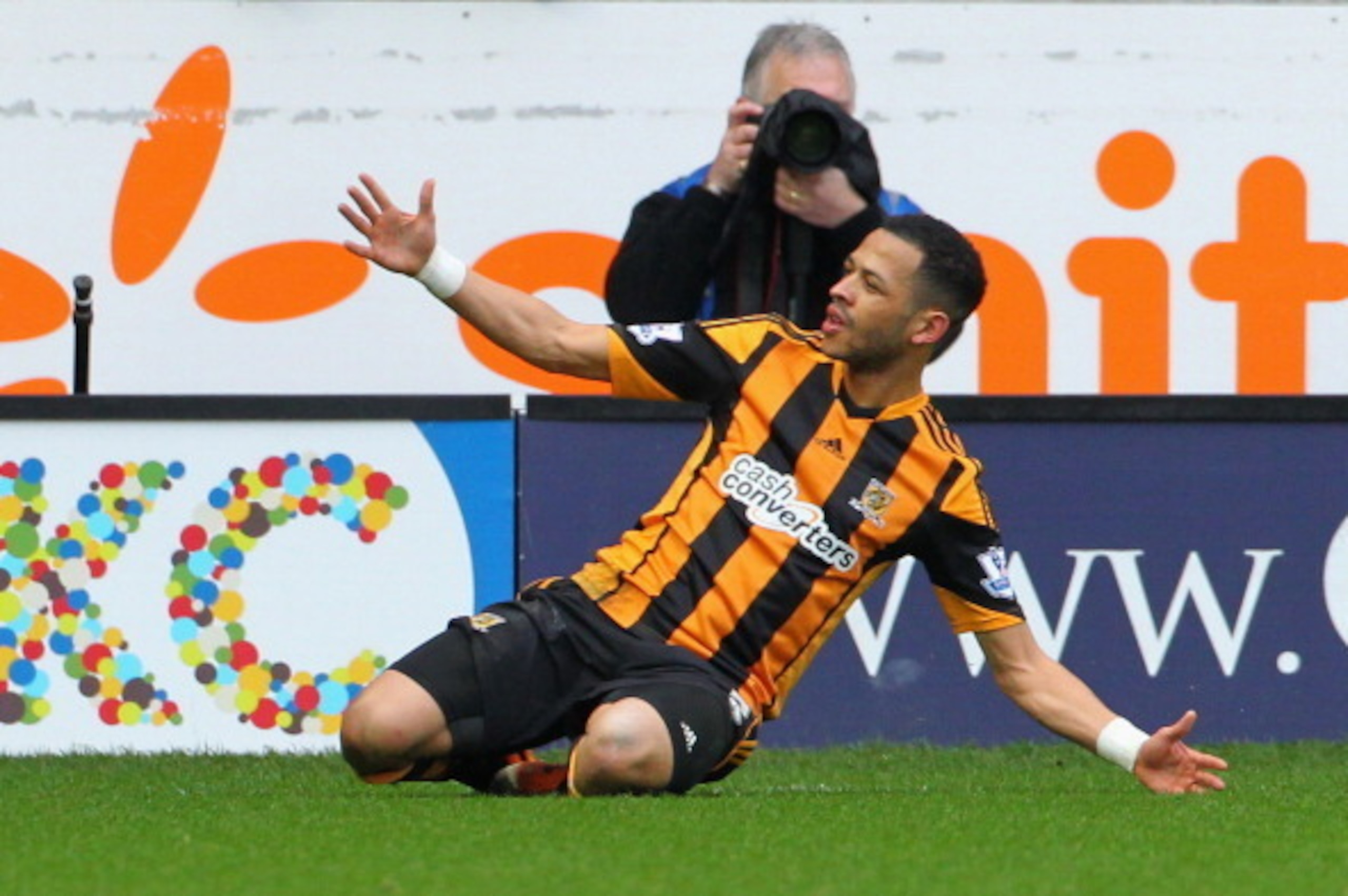 HULL, ENGLAND - MARCH 22:  Liam Rosenior of Hull City celebrates scoring the first goal during the Barclays Premier League match between Hull City and West Bromwich Albion at the KC Stadium on March 22, 2014 in Hull, England.  (Photo by Tim Keeton/Getty I