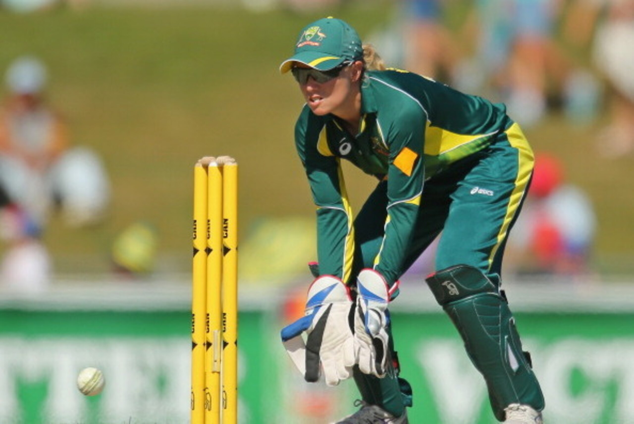 HOBART, AUSTRALIA - JANUARY 29:  Wicketkeeper Alyssa Healy of Australia looks on during game one of the International Twenty20 series between Australia and England at Blundstone Arena on January 29, 2014 in Hobart, Australia.  (Photo by Scott Barbour/Gett