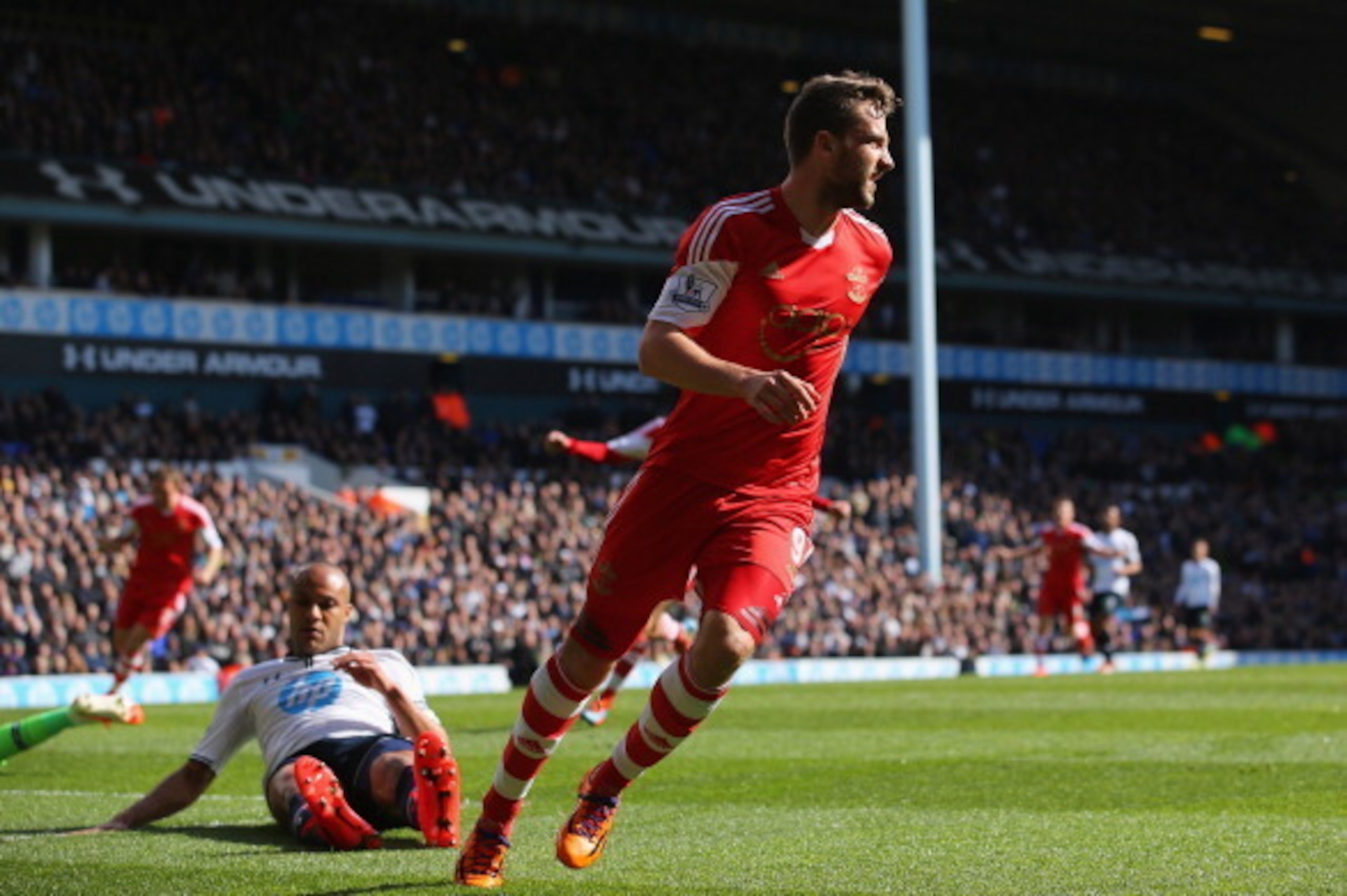 LONDON, ENGLAND - MARCH 23:  Jay Rodriguez of Southampton turns away after scoring the opening goal during the Barclays Premier League match between Tottenham Hotspur and Southampton at White Hart Lane on March 23, 2014 in London, England.  (Photo by Cliv