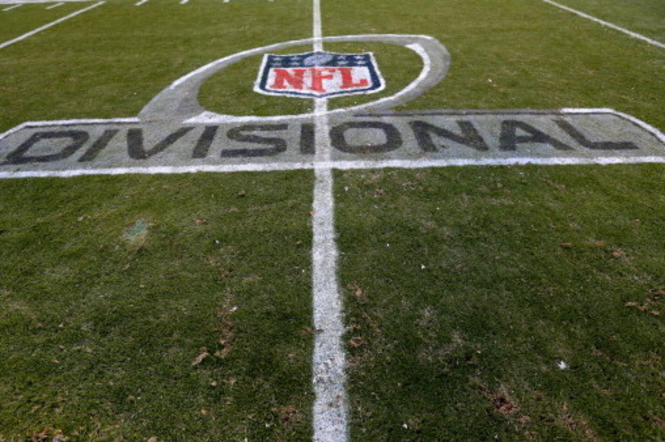 CHARLOTTE, NC - JANUARY 12: A general view of the NFL Divisional playoff logo on the field during the NFC Divisional Playoff Game between the San Francisco 49ers and Carolina Panthers at Bank of America Stadium on January 12, 2014 in Charlotte, North Caro