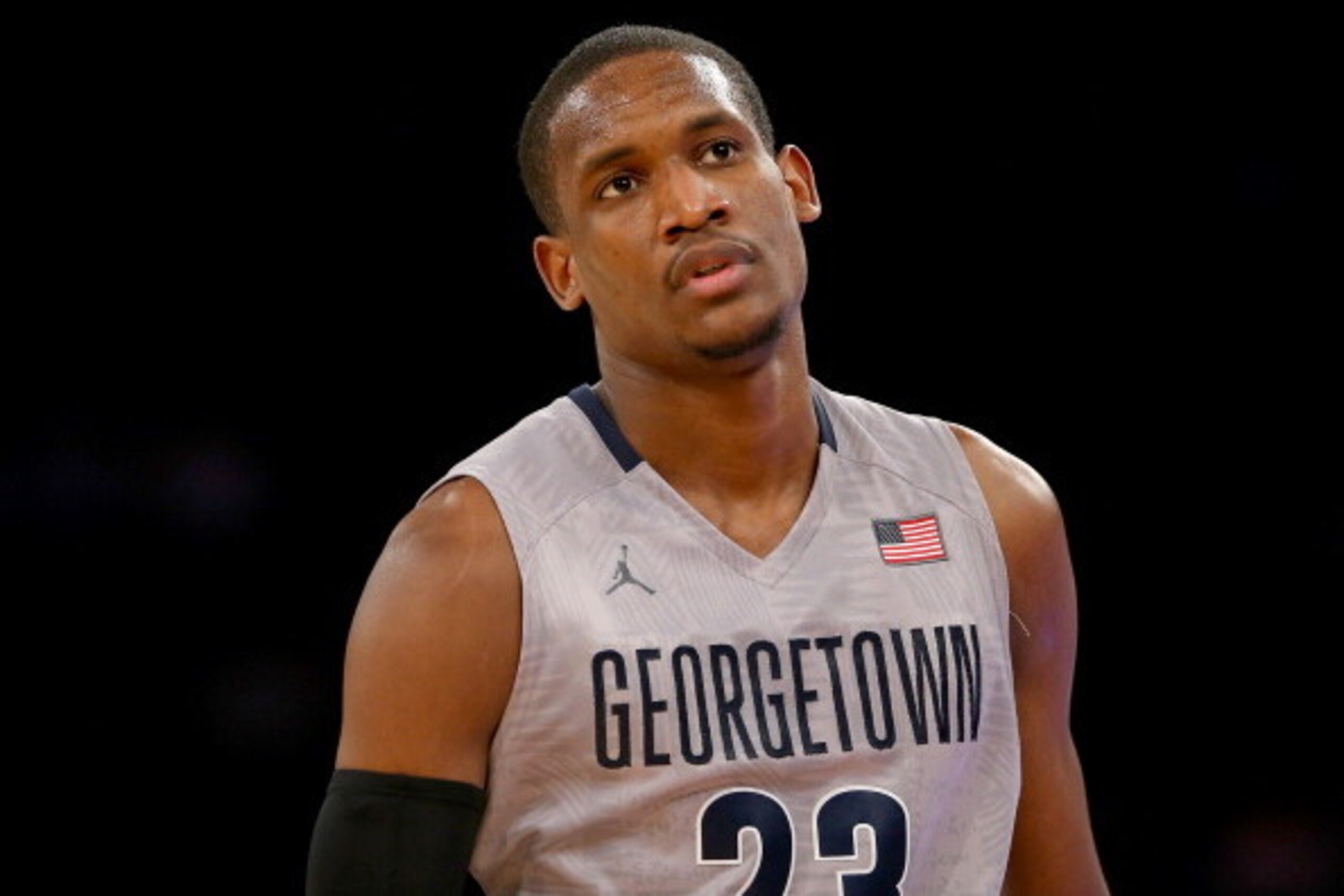 NEW YORK, NY - MARCH 12:  Aaron Bowen #23 of the Georgetown Hoyas reacts after he is called for his fourth foul in the second half against the DePaul Blue Demons during the first round of the Big East Basketball Tournament at Madison Square Garden on Marc