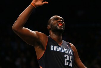 Mar 19, 2014; Brooklyn, NY, USA; Charlotte Bobcats center Al Jefferson (25) reacts against the Brooklyn Nets during the first quarter at the Barclays Center. Mandatory Credit: Adam Hunger-USA TODAY Sports