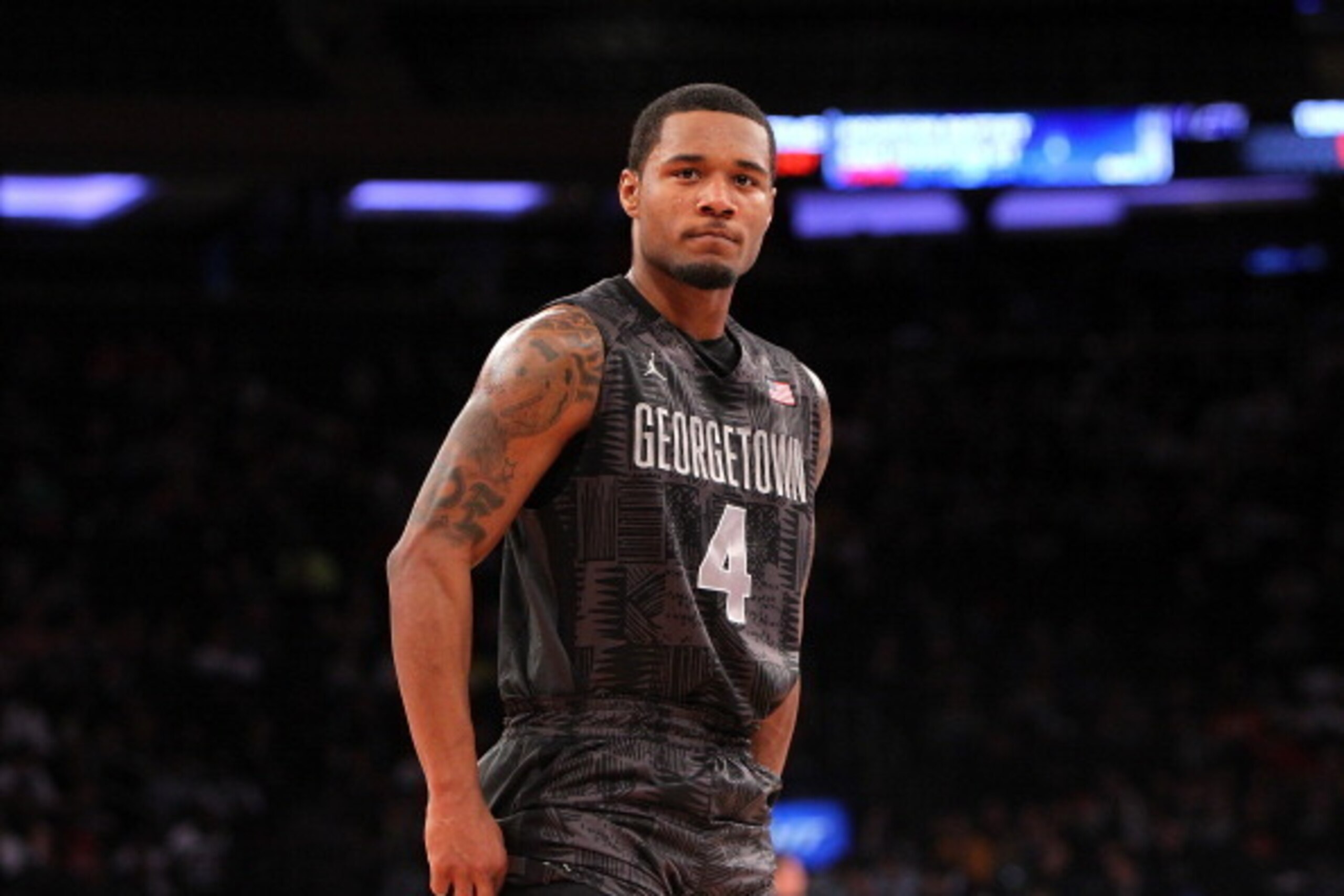 NEW YORK, NY - FEBRUARY 1:  D'Vauntes Smith-Rivera #4 of the Georgetown Hoyas looks on during the game against the Michigan State Spartans at Madison Square Garden on February 1, 2014 in New York City. (Photo by Nate Shron/Getty Images)