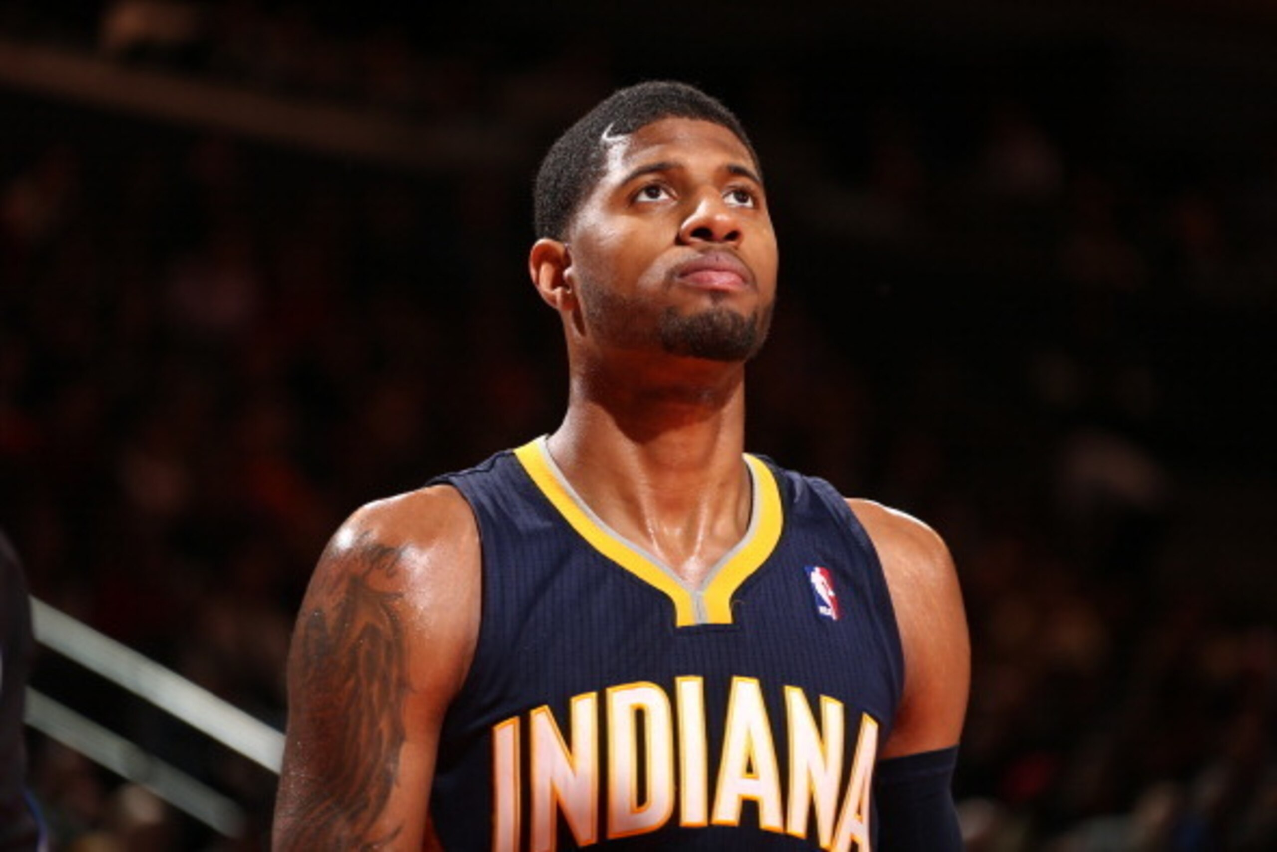 NEW YORK, NY - MARCH 19: Paul George #24 of the Indiana Pacers stands on the court during a game against the New York Knicks at Madison Square Garden in New York City on March 19, 2014.  NOTE TO USER: User expressly acknowledges and agrees that, by downlo