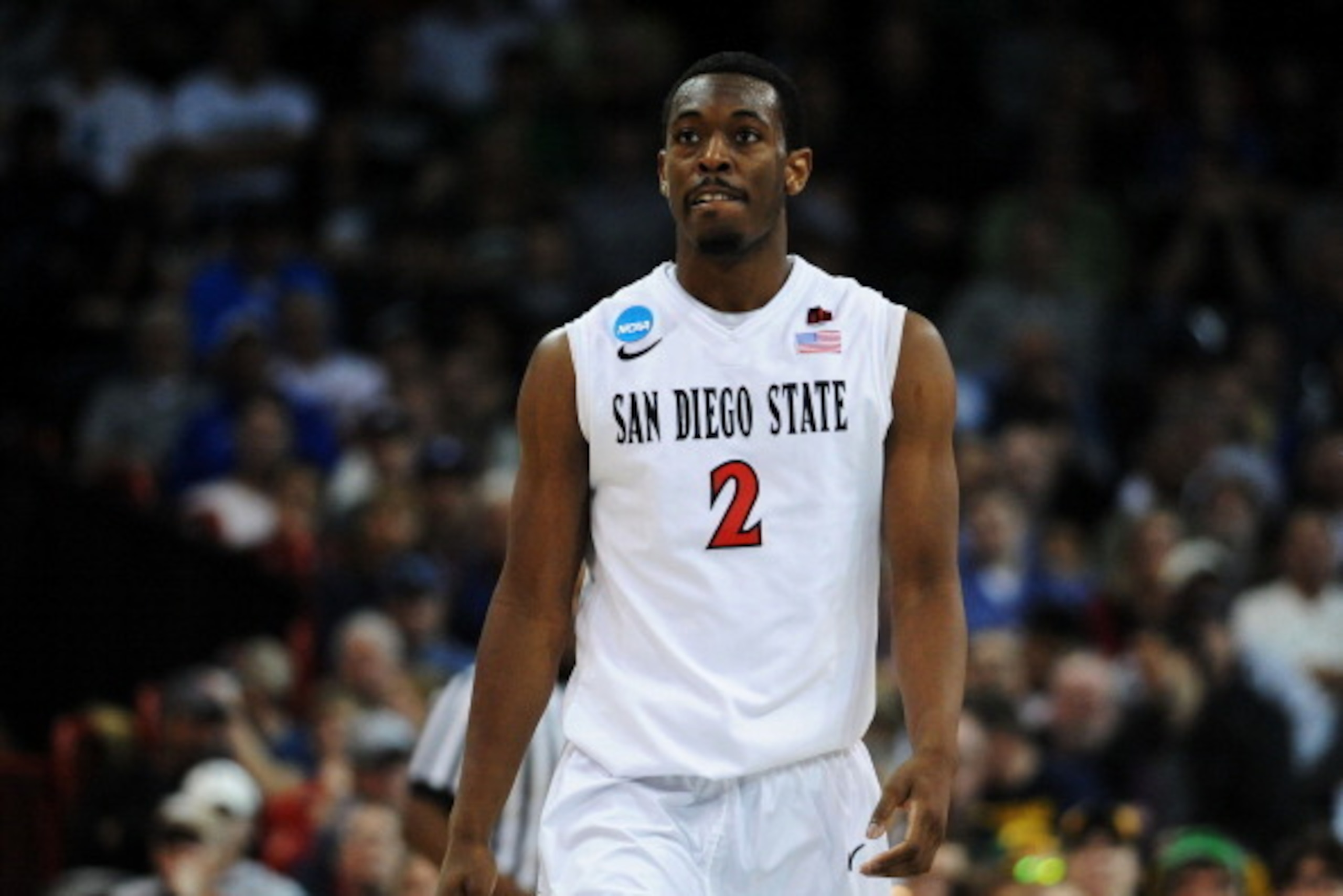 SPOKANE, WA - MARCH 22:  Xavier Thames #2 of the San Diego State Aztecs reacts in the first half against the North Dakota State Bison during the Third Round of the 2014 NCAA Basketball Tournament at Spokane Veterans Memorial Arena on March 22, 2014 in Spo