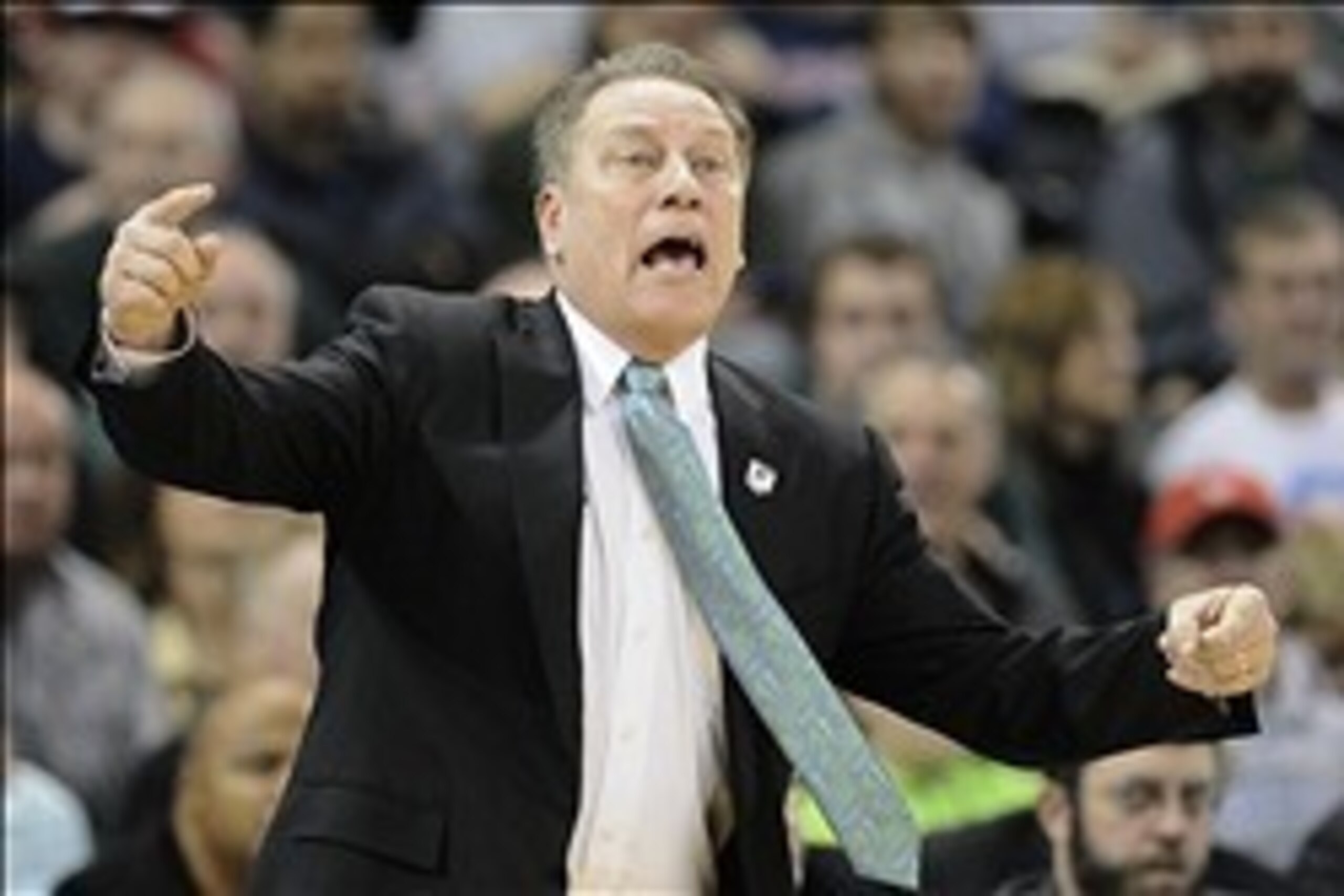 Mar 22, 2014; Spokane, WA, USA; Michigan State Spartans head coach Tom Izzo instructs against the Harvard Crimson in the first half of a men's college basketball game during the third round of the 2014 NCAA Tournament at Veterans Memorial Arena. Mandatory