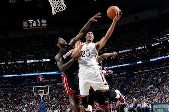 NEW ORLEANS, LA - MARCH 22:  Anthony Davis #23 of the New Orleans Pelicans goes up for a shot against the Miami Heat on March 22, 2014 at the Smoothie King Center in New Orleans, Louisiana. NOTE TO USER: User expressly acknowledges and agrees that, by dow