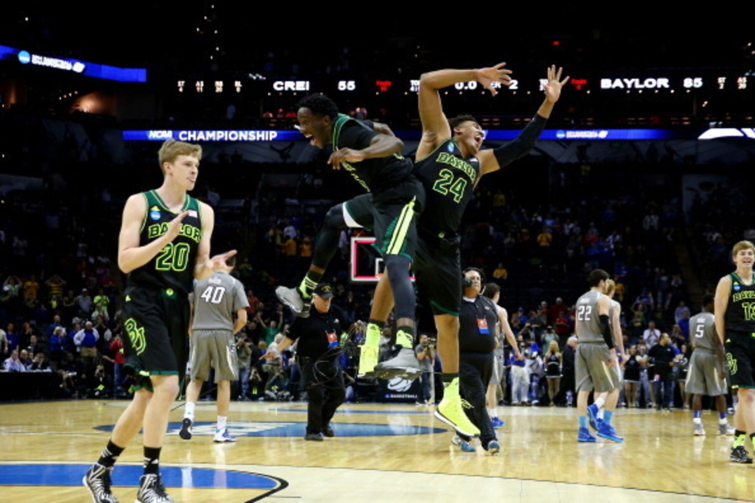 SAN ANTONIO, TX - MARCH 23: Taurean Prince #35 and Ish Wainright #24 of the Baylor Bears celebrate after defeating the Creighton Bluejays 85-55 in the third round of the 2014 NCAA Men's Basketball Tournament at the AT&T Center on March 23, 2014 in San Ant